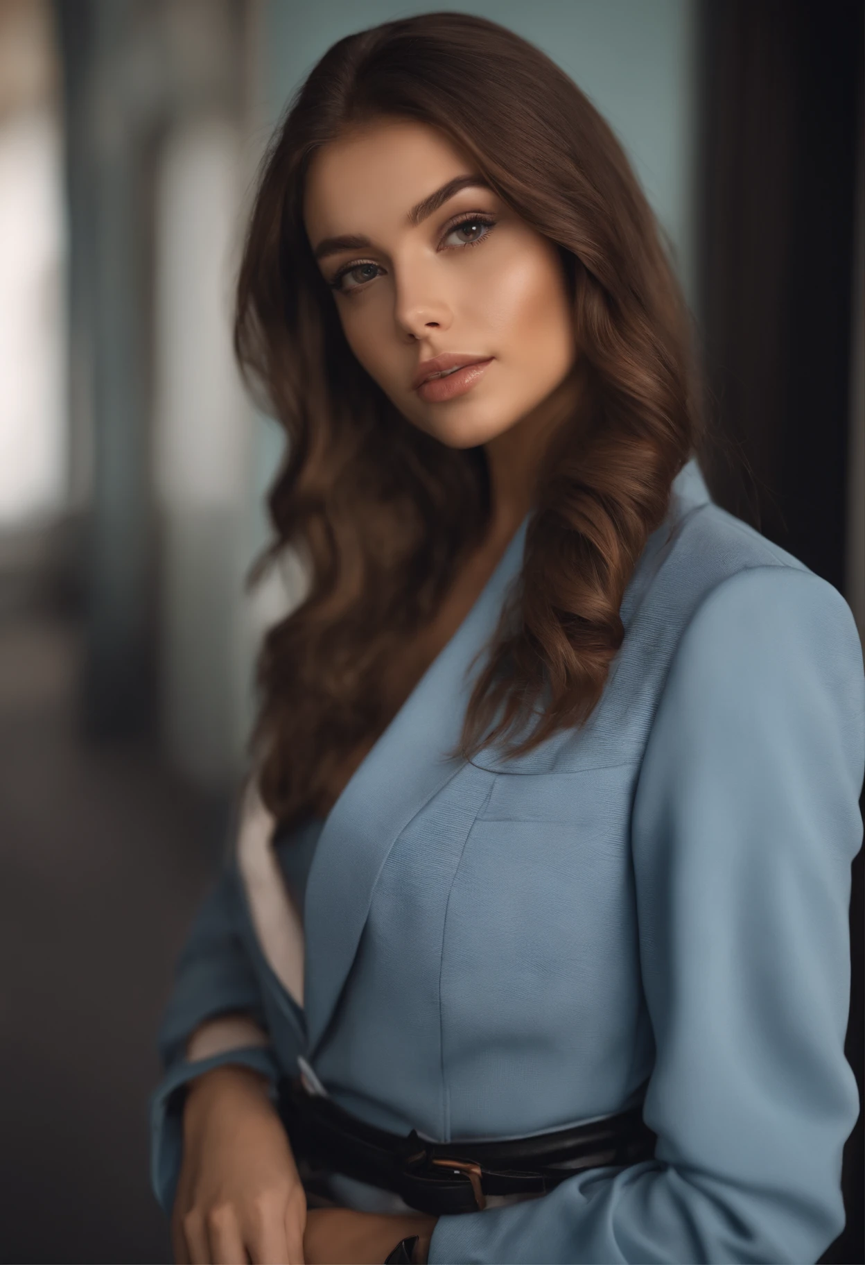 arafed woman fully , sexy girl with brown eyes, ultra realistic, meticulously detailed, portrait sophie mudd, brown hair and large eyes, selfie of a young woman, dubai eyes, violet myers, without makeup, natural makeup, looking directly at the camera, face with artgram, subtle makeup, wearing a blazer, portrait shot standing in front of solid light blue wall, medium size bust