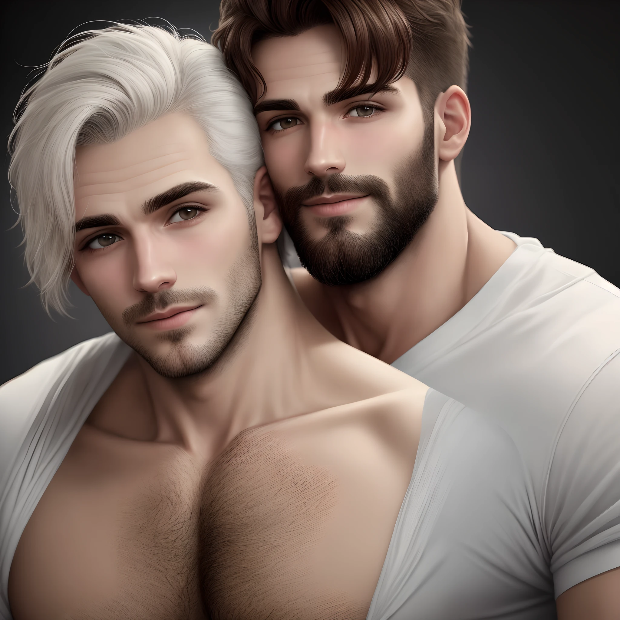 2 slender handsome young adult guys hugging, buzzcut, mutton chops, body hair, chest hair, pubic hair