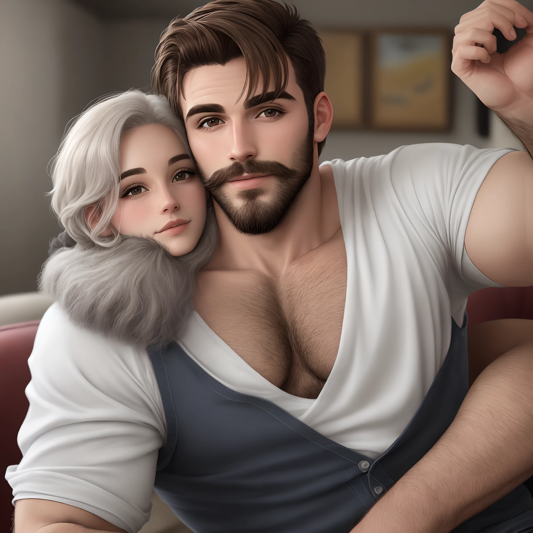 Homem 35 anos branco com barba cabelo liso preto com topete e nariz grande