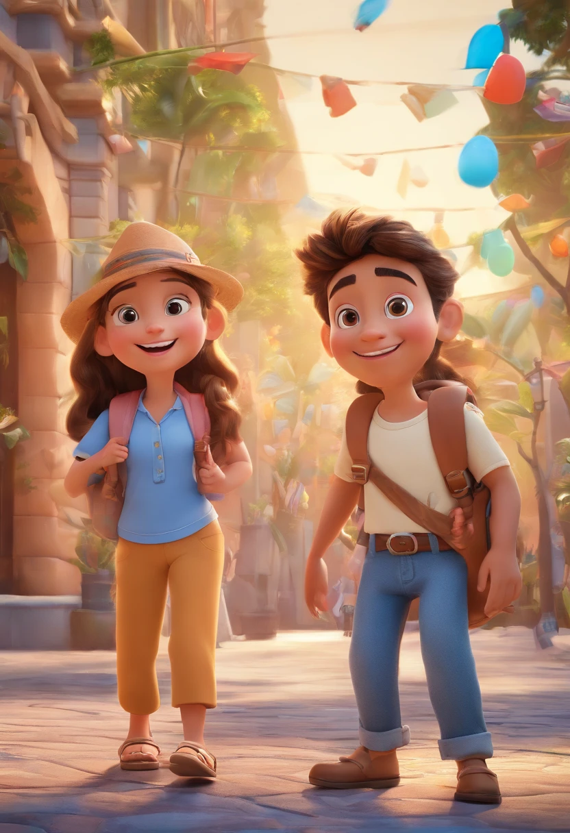 Cartoon of friends having fun on vacation together, 3D Animation Movie Poster, Poster de filme animado, pixar 3 d animation style, pixar renderman rendering, maia 8 mil, animated film, Disney Pixar Estilo 3D, amigos felizes saem juntos, all wearing light blue shirts and cream brown long pants, camisa azul clara, cream brown pants, ao ar livre, vacation, Disney Pixar Animation Poster
