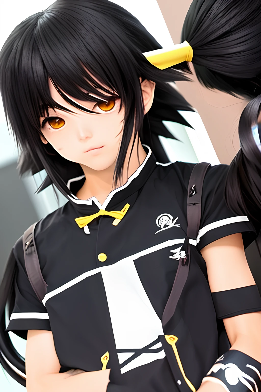 Long haired boy, balck hair, yellow eyes, sleeper build, anemo genshin vission,fierce eyes, anime