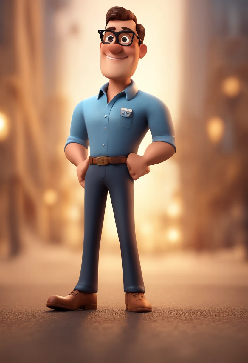 Cartoon character of a man with black glasses and a blue shirt, animation character, Caractere estilizado, animation style rendering, 3D estilizado, Arnold Maya render, 3 d render stylized, toon render keyshot, Personagem 3D, Personagem 3D, 3d rendering stylized, 3 d character render, personagem de desenho animado, Personagem de close up, Pose de personagem,  (Estilo Pixar) (master part:1.2) (Bokeh) (best quality) (pele detalhada) (textura detalhada) (8k) (argila) (Cinematic lighting) (foco nítido