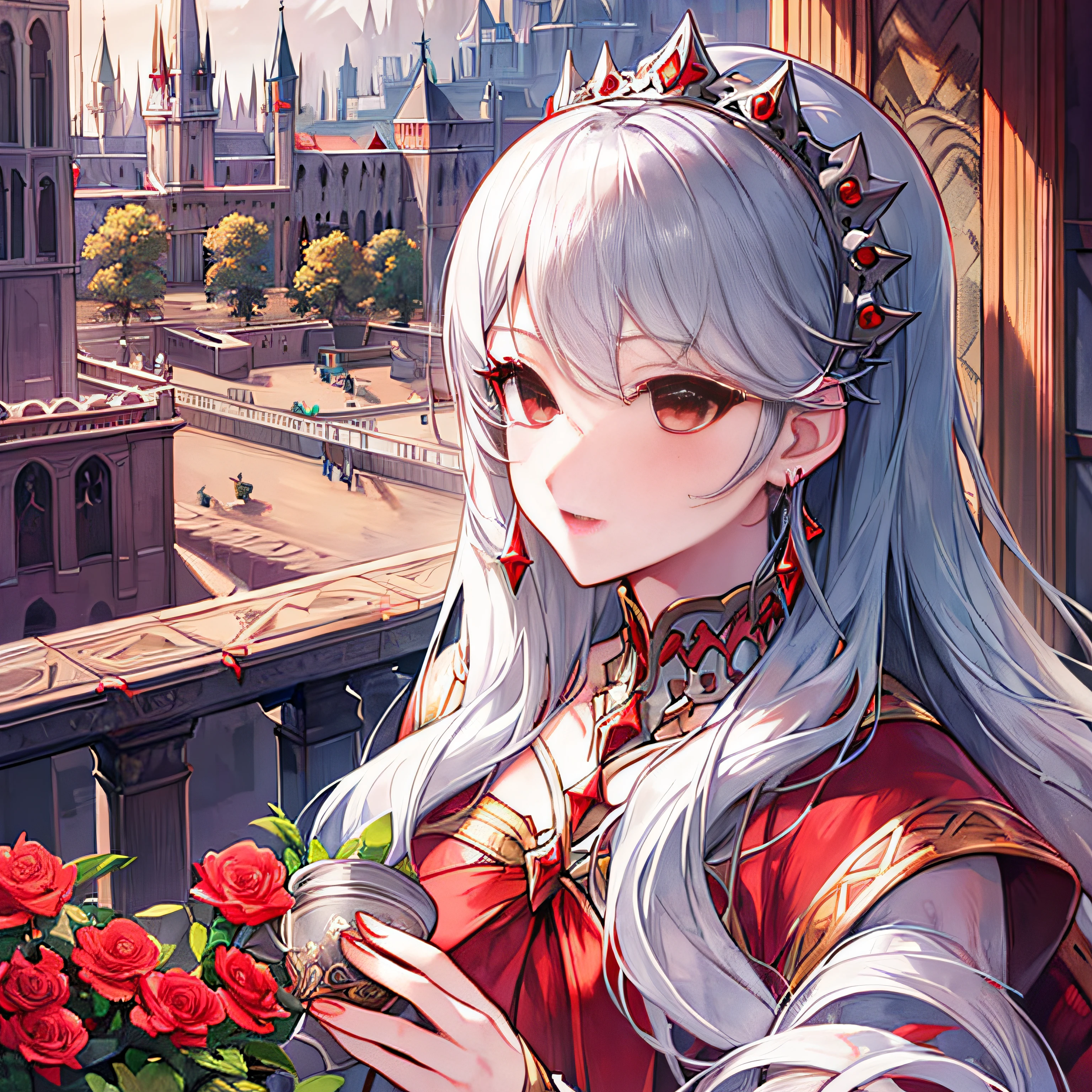 Gray Hair Woman, Gray Eyes, Royalty, Red Dress, Red Jewelry, Red Earrings, Lunar, Nobility, Noblewoman, High Quality, Highly Detailed, Detailed Face, Masterpiece, Castle, Drinking Tea, Garden, Flowers, Lights