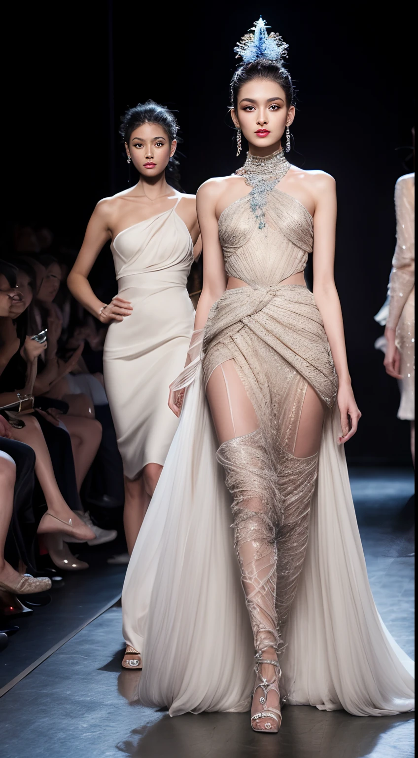 (Best quality,A high resolution,Masterpiece:1.2),Ultra-detailed,Catwalk fashion show,(Vibrant colors,Enchanting atmosphere),Professional lighting,model poses,Strode off the runway,Couture dress,Couture dress,fine embroidery,Attention to detail,A perfectly tailored suit,luxurious fabrics,Sparkling accessories,Impeccable makeup and hairstyle,Complex events,Celebrity attendees,Paparazzi flash,Red carpet glamour,Excitement and anticipation,Front seats,fashion designer,Impressive stage design,Dazzling fashion models,Walk confidently and gracefully,Audience applause and cheers,Fashionistas in chic outfits,An exclusive fashion event,Enchanting atmosphere,An exclusive fashion event,Fashion industry professionals,Fashionable and trendy design,Fashionable and trendy design, (Creative,Innovative,Avant-garde:1.1) Fashion concept,Expressive runway expressions,Outstanding fashion creations,Emerging talent in the fashion industry,Designer labels and branding,Inspiring and trendsetting collections,Unforgettable fashion moments