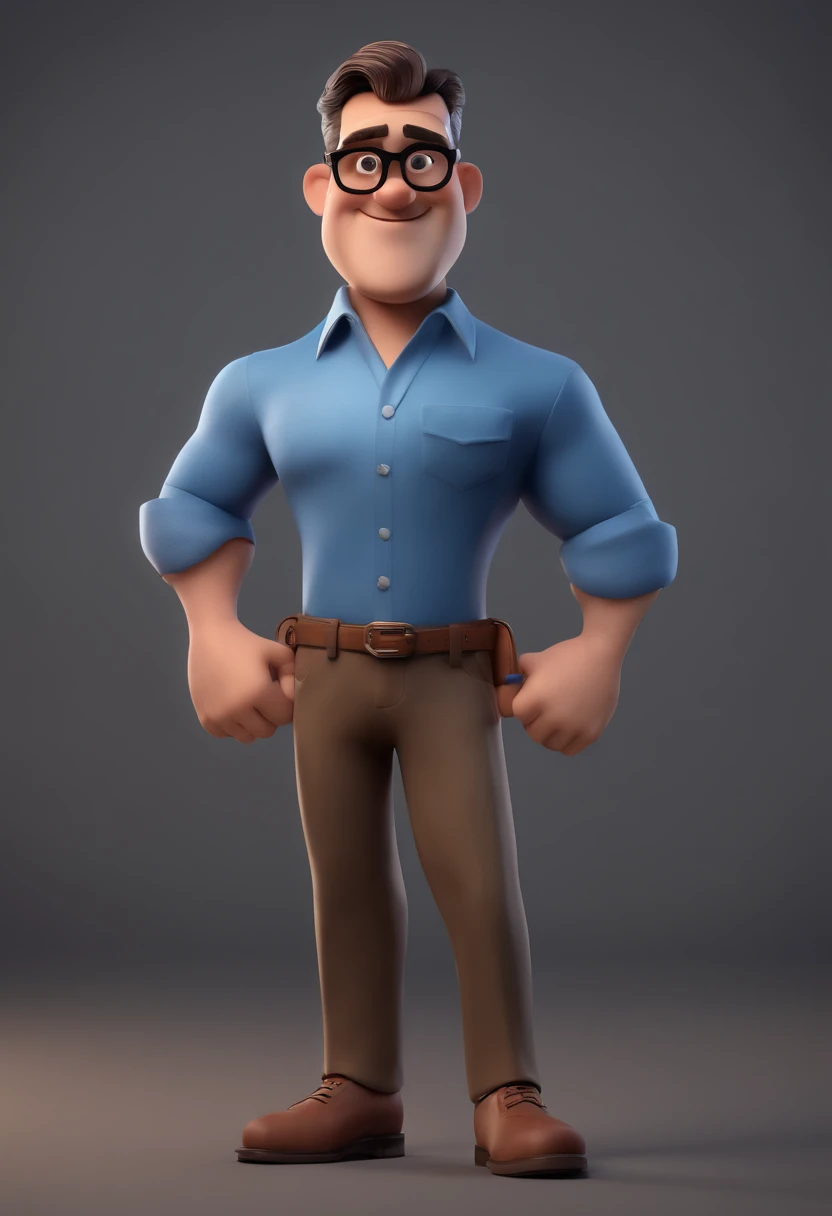 Cartoon character of a man with black glasses and a blue shirt, animation character, Caractere estilizado, animation style rendering, 3D estilizado, Arnold Maya render, 3 d render stylized, toon render keyshot, Personagem 3D, Personagem 3D, 3d rendering stylized, 3 d character render, personagem de desenho animado, Personagem de close up, Pose de personagem,  (Estilo Pixar) (master part:1.2) (Bokeh) (best quality) (pele detalhada) (textura detalhada) (8k) (argila) (Cinematic lighting) (foco nítido