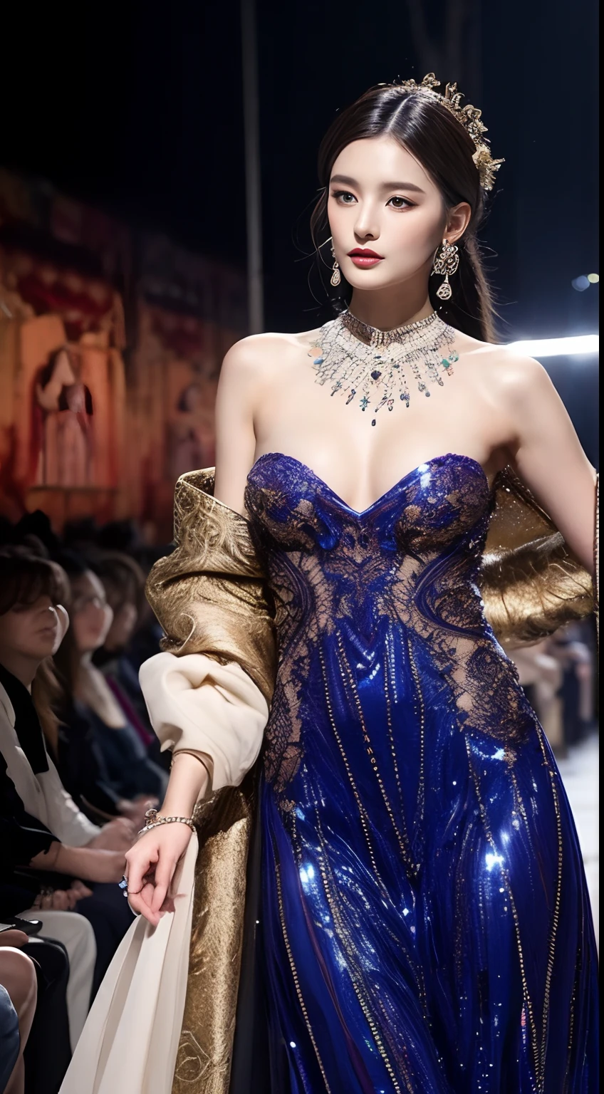 High-quality masterpieces, Intricate details, High-end fashion shows, Stylish style, attractive costumes, fine embroidery, Runway lights, Vibrant colors, Profesional photogarpher, posing elegantly, Enchanting atmosphere, fashion accessor, A confident expression, Intense catwalk, Trend-setting design, edgy style, art work, meticulous craftsmanship, Impeccable finish, Haute couture, Fashion-forward aesthetic, luxurious fabrics, Glamorous makeup, Personality hairstyle, Fashion industry standard, Flawless beauty, delicateelegance, Enchanting atmosphere, Designer label, Iconic fashion moments