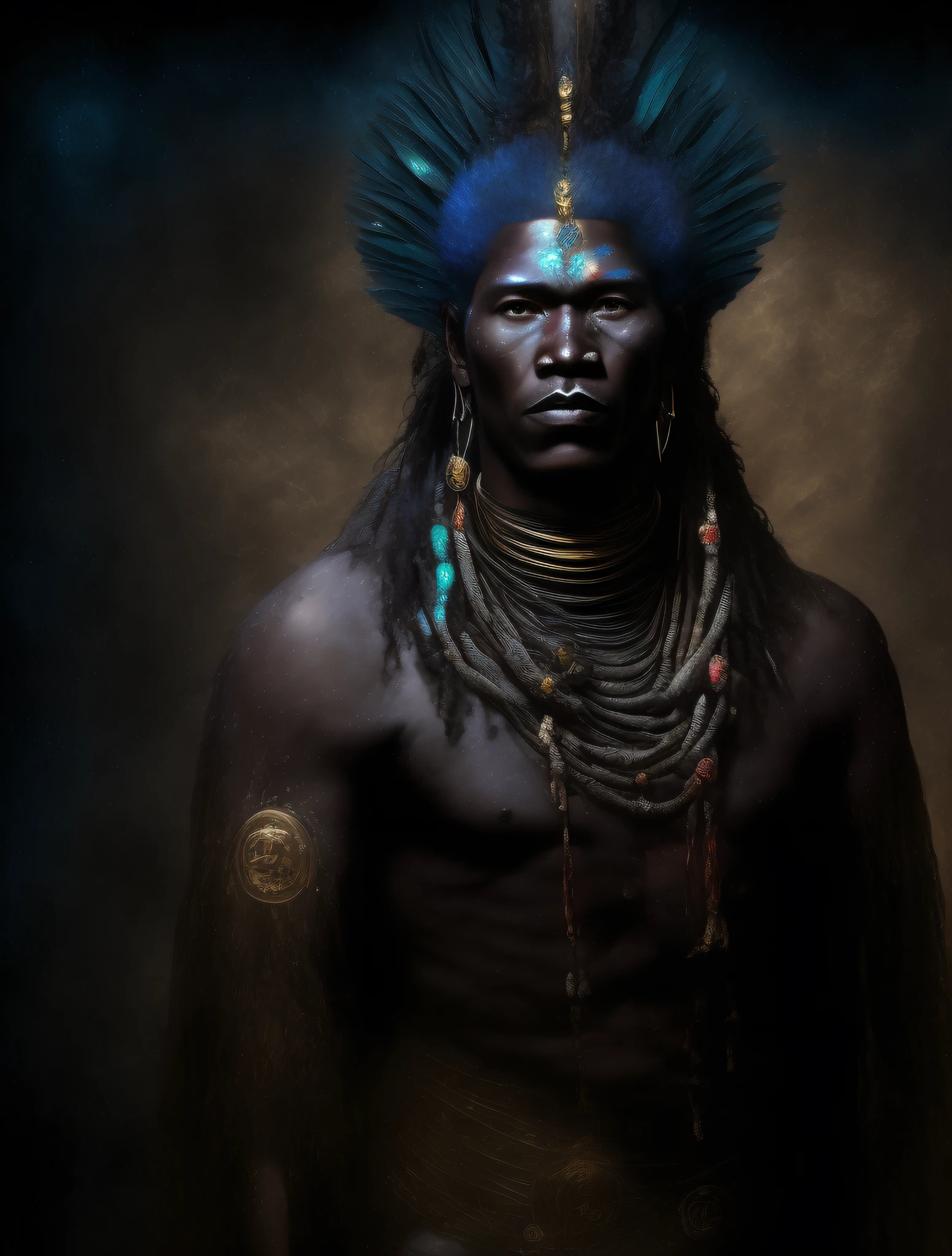 CABOCLO ogum de ronda, mestizo black man, indio, adornos tipicos indigena,vestindo um ade de penas azuis e brancas. intrincado, entidade da umbanda, rosto pintado COM ELEMENTOS DE ARTE INDIGENA azul e branco , olhar penetrante, cosmic god, FUNDO BRANCO