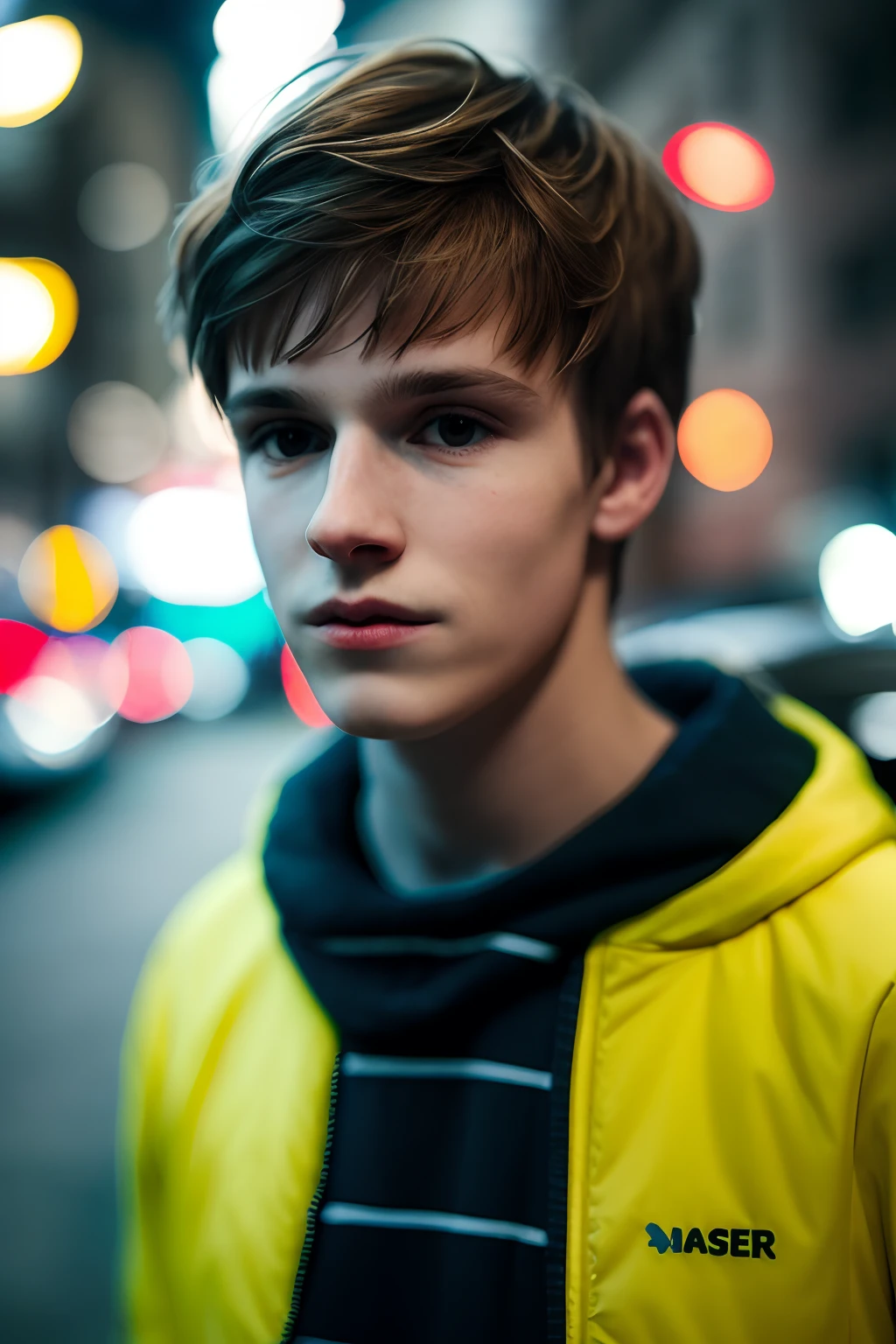 A young man,um close up de na rua , master part,Realistic, 4k, circunstanciado, de Seul na noite, Rosto altamente detalhado, f2.8,Denoise, DOF, roupas casuais, desfocar fundo,