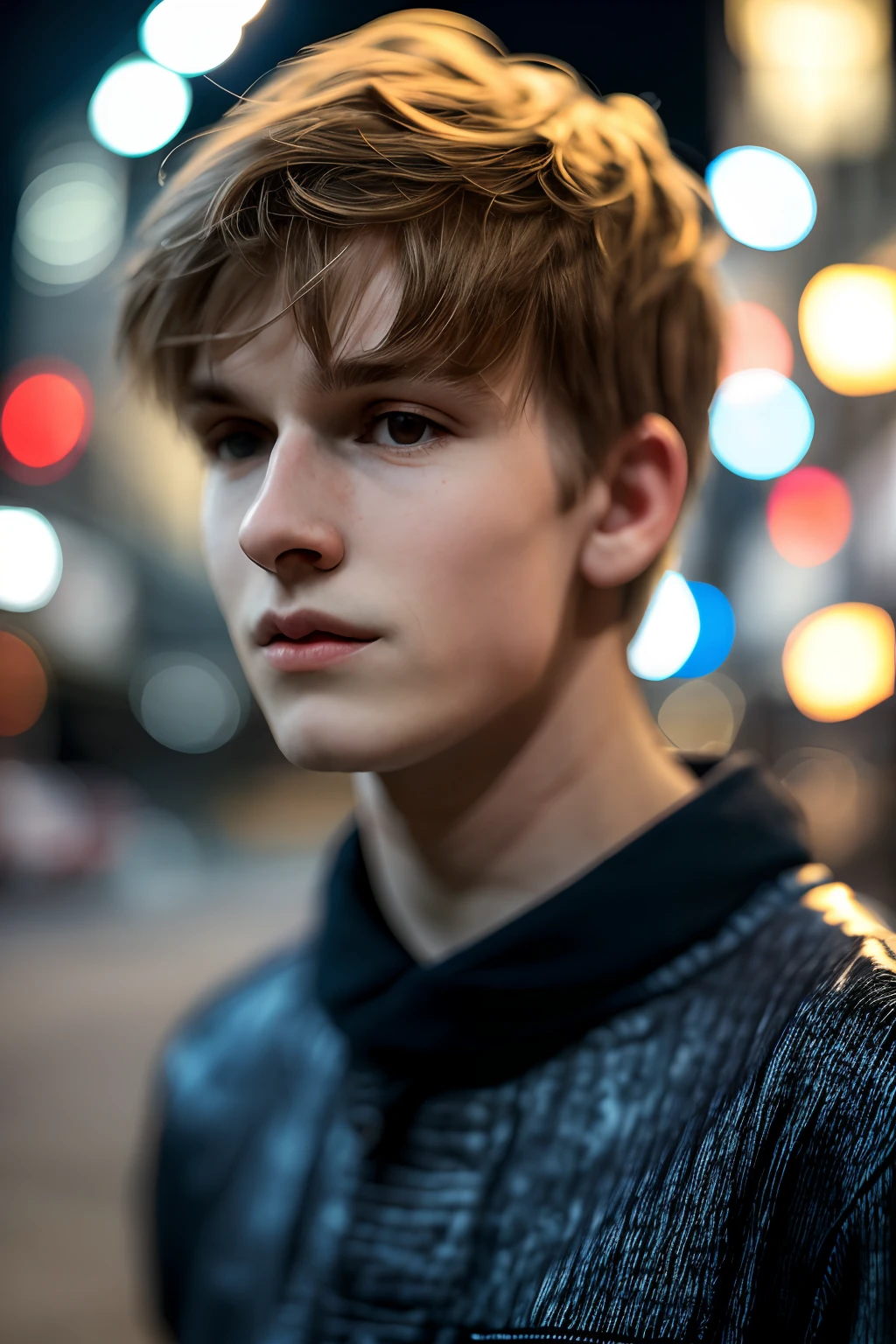 A young man,um close up de na rua , master part,Realistic, 4k, circunstanciado, de Seul na noite, Rosto altamente detalhado, f2.8,Denoise, DOF, roupas casuais, desfocar fundo,