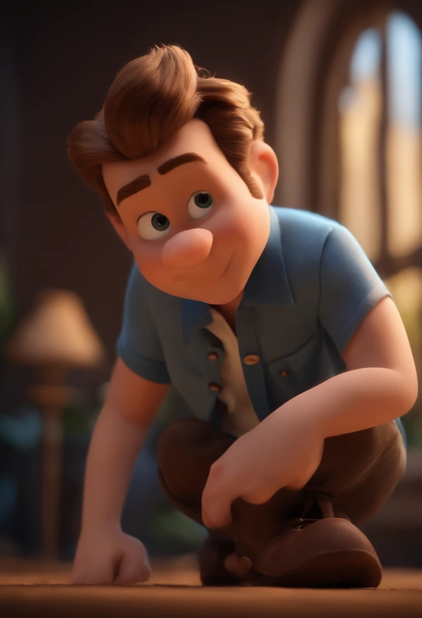 Garoto, estilo disney, tom de pele: claro:  Cabelo: marrom escuro, liso, curto, penteado para o lado direito. camisa: social, Cor azul. Fundo: Gray and white gradient,Comemorando, Hands raised, sorrindo, feliz, (estilo pixar) (obra-prima:1.2) (bokeh) (melhor qualidade) (pele detalhada) (textura detalhada) (8k) (claymation) (cinematic lighthing) (foco nítido