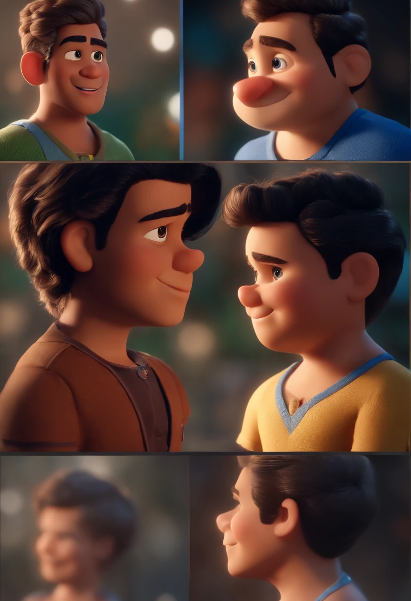 Garoto, estilo disney, tom de pele: claro: Cabelo: marrom escuro, liso, curto, penteado para o lado direito. camisa: social, Cor azul. Fundo: Gray and white gradient,Comemorando, Hands raised, sorrindo, feliz, (estilo pixar) (obra-prima:1.2) (bokeh) (melhor qualidade) (pele detalhada) (textura detalhada) (8k) (claymation) (cinematic lighthing) (foco nítido