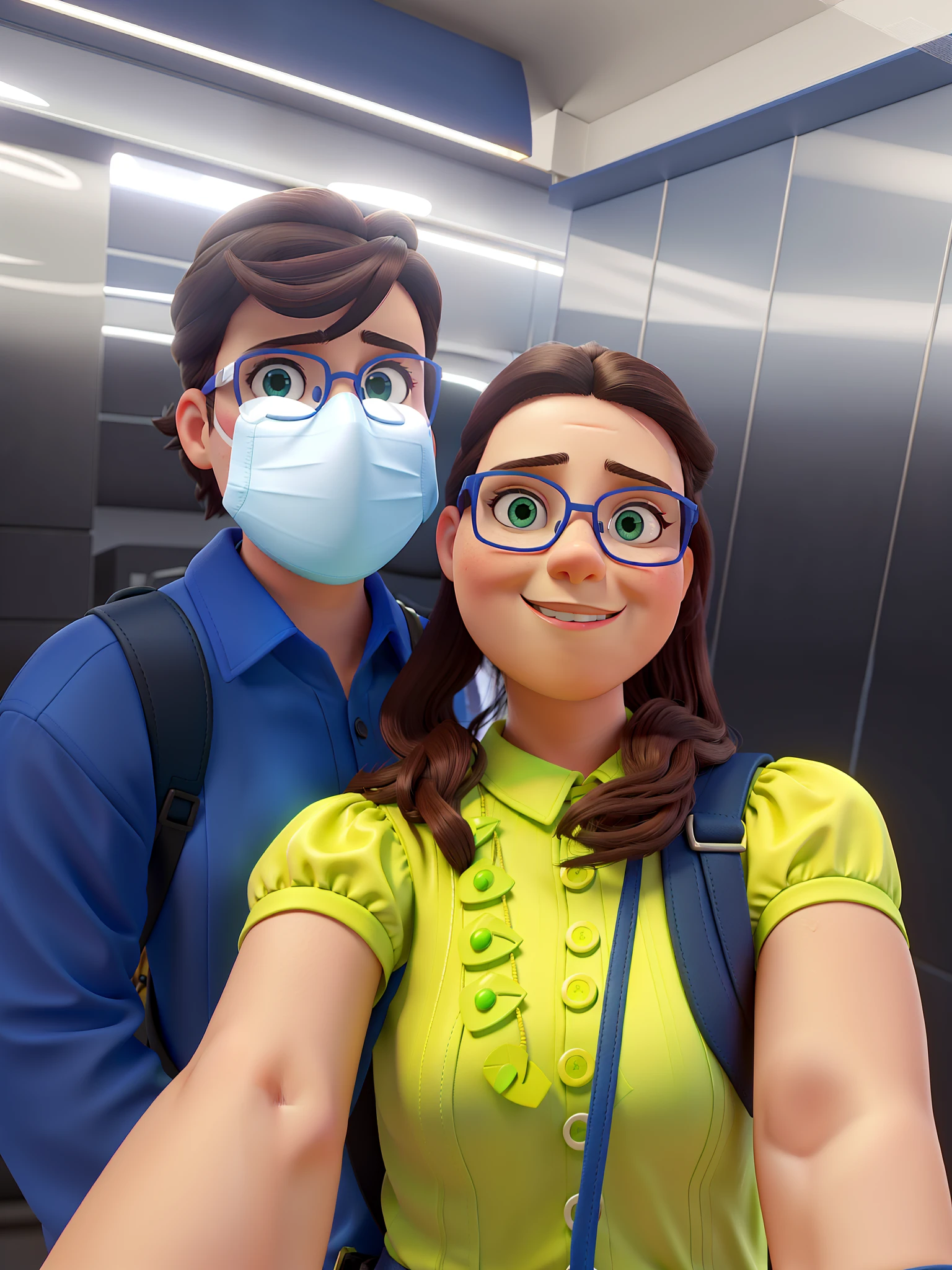casal, Beautiful woman in prescription glasses with royal blue color frame, She is wearing a lime green blouse and a necklace of stones also in lime green color. She's taking a style picture of the two of them. She has a backpack strap on her back. He's without glasses, mas esta de mascara branca, esta com blusa azul marinho e tambem com mochila nas costas. Ele tem rosto levemente redondo.