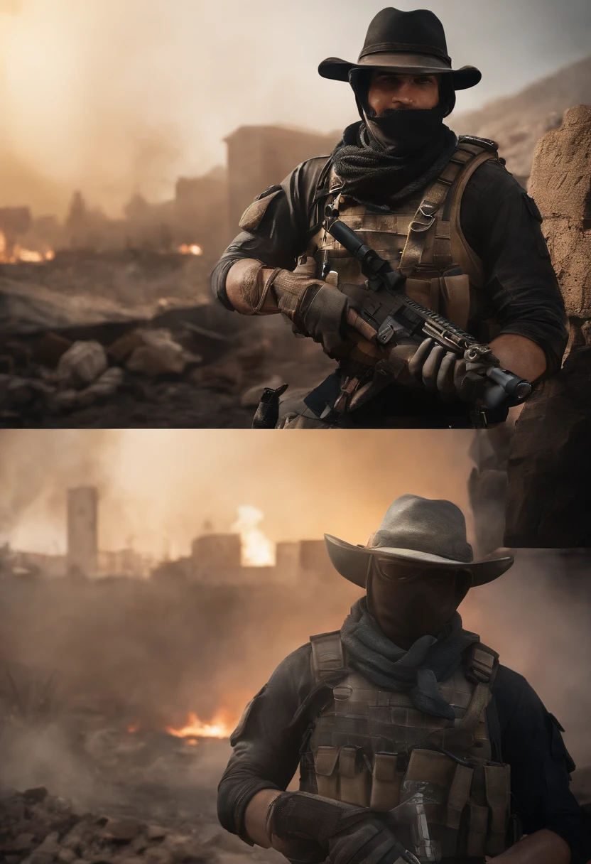 star15mod, (master part), (best quality), (ultra-detalhado), (best illustration),(Melhor sombra), Olhando para o Viewer, cowboy shot, city background destroyed by fire, tactical gear, Tactical pouches, (Gas mask:0.8), tactical armor, fuzil de assalto, Revolver with holster, (franzir:1.3)