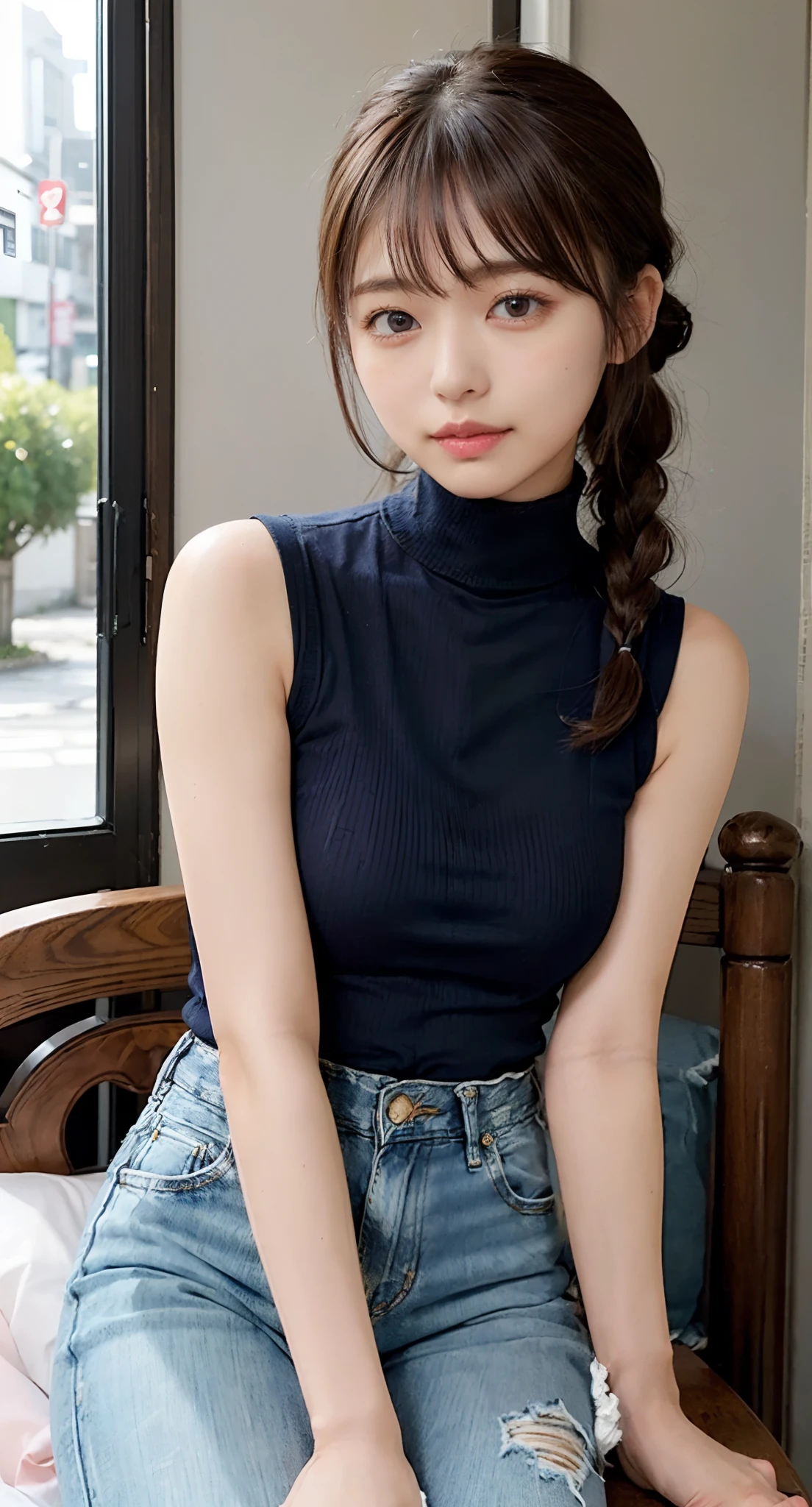 (((Look away,poneyTail、Stand on one leg、Mouth ajar))),(((((Mock Neck Top、Sleeveless、turtle neck、Tight denim pants))))),((at the library、Reading a book))、masutepiece, 1girl in, best qualtiy, Ultra Detail, (shiny), (Small)、(((with blush cheeks,))),Ray tracing,Perfect Lighting, (milky skin:1.2),reflection, up looking_で_viewer, blush, yellow_Eyes, Japan's cutest 28-year-old beautiful girl、Small ribbons in the hair、Contrast Legs