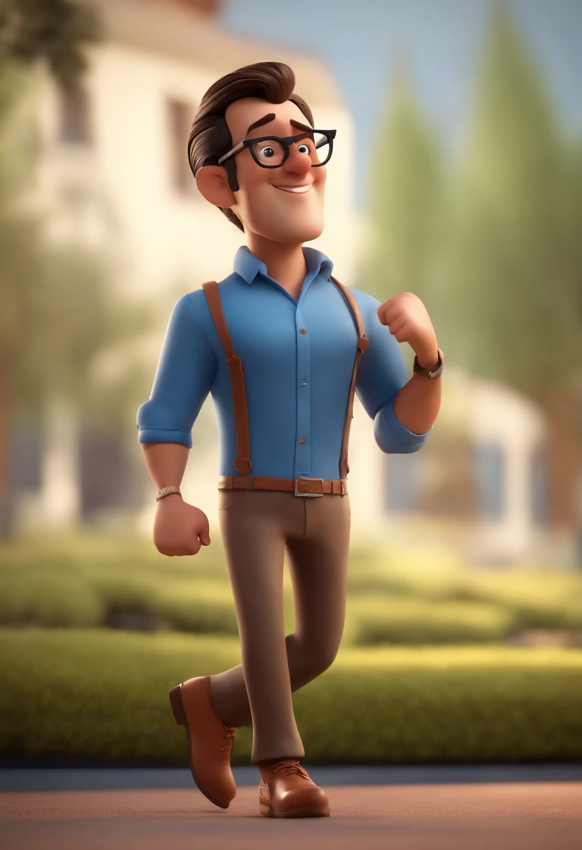 Cartoon character of a man with black glasses and a blue shirt, animation character, Caractere estilizado, animation style rendering, 3D estilizado, Arnold Maya render, 3 d render stylized, toon render keyshot, Personagem 3D, Personagem 3D, 3d rendering stylized, 3 d character render, personagem de desenho animado, Personagem de close up, Pose de personagem,  (Estilo Pixar) (master part:1.2) (Bokeh) (best quality) (pele detalhada) (textura detalhada) (8k) (argila) (Cinematic lighting) (foco nítido