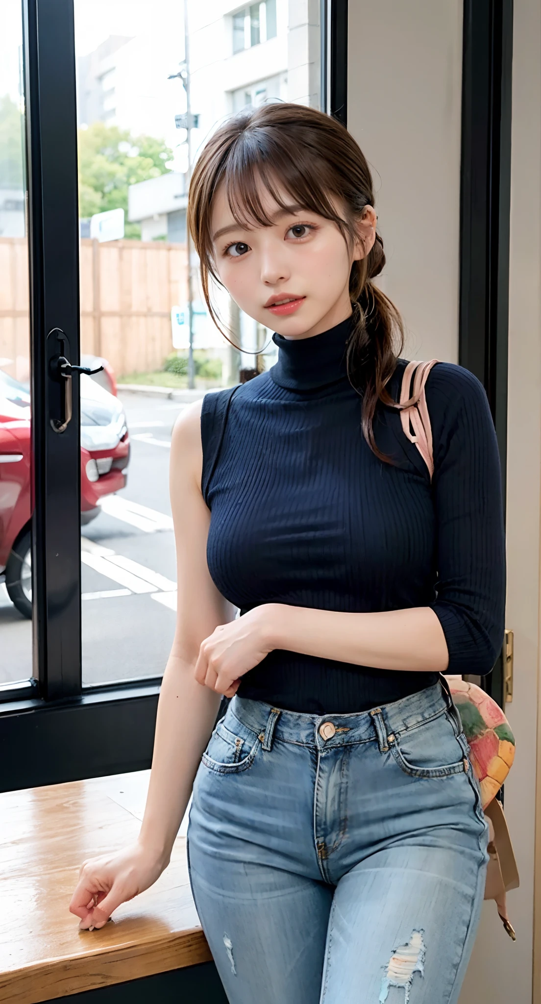 (((Look away,poneyTail、Stand on one leg、Mouth ajar))),(((((Mock Neck Top、Sleeveless、turtle neck、Tight denim pants))))),((at the library、Reading a book))、masutepiece, 1girl in, best qualtiy, Ultra Detail, (shiny), (Small)、(((with blush cheeks,))),Ray tracing,Perfect Lighting, (milky skin:1.2),reflection, up looking_で_viewer, blush, yellow_Eyes, Japan's cutest 28-year-old beautiful girl、Small ribbons in the hair、Contrast Legs