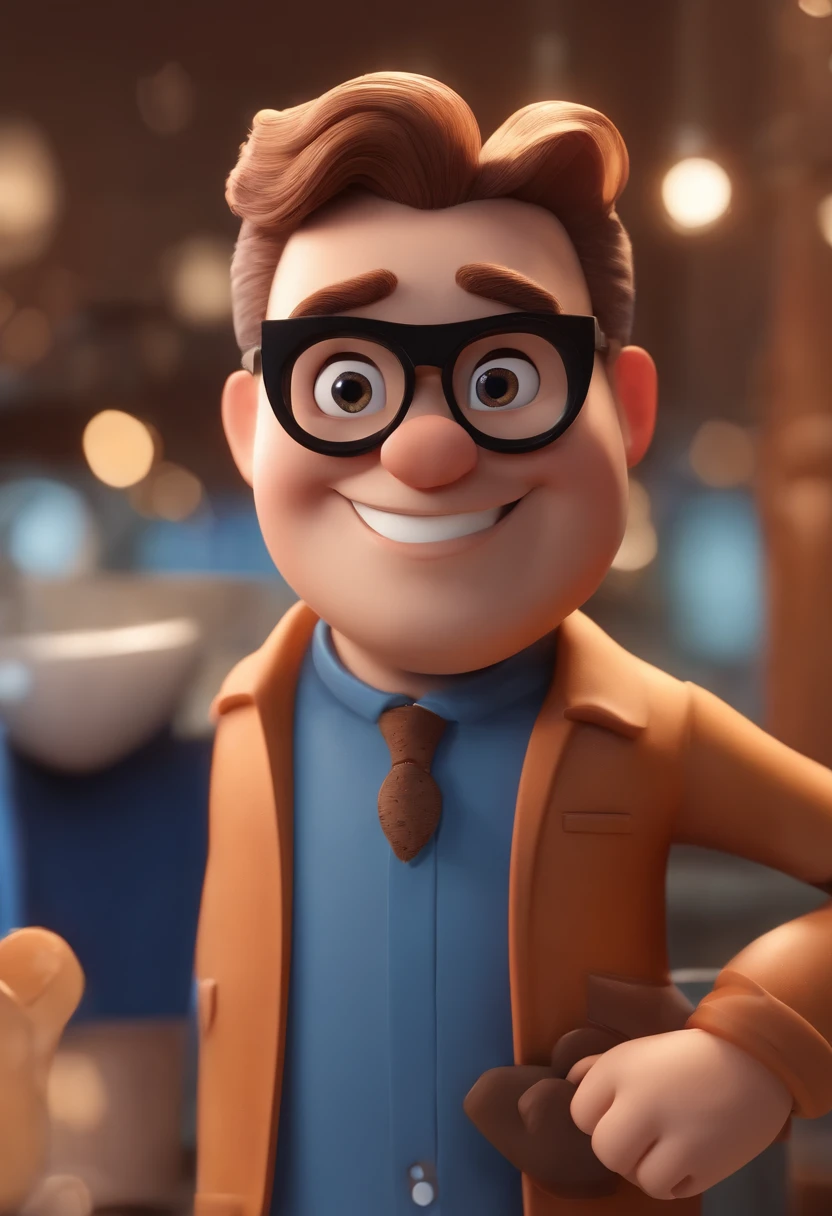 Cartoon character of a man wearing black glasses and a blue shirt, um personagem animado, Caractere estilizado, animation style rendering, 3D estilizado, Arnold Maya render, 3 d render stylized, toon render keyshot, Personagem 3D, Personagem 3D, 3d rendering stylized, 3 d character render, personagem de desenho animado, Personagem de close up, Pose de personagem, (Estilo Pixar) (master part:1.2) (Bokeh) (best quality) (pele detalhada) (textura detalhada) (8k) (argila) (Cinematic lighting) (foco nítido,Senta e vaza a parte superior do corpo