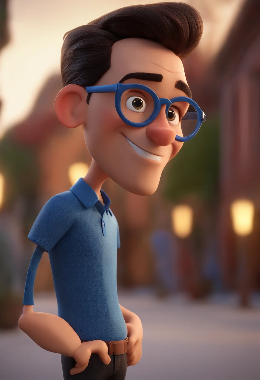 Cartoon character of a man wearing black glasses and a blue shirt, um personagem animado, Caractere estilizado, animation style rendering, 3D estilizado, Arnold Maya render, 3 d render stylized, toon render keyshot, Personagem 3D, Personagem 3D, 3d rendering stylized, 3 d character render, personagem de desenho animado, Personagem de close up, Pose de personagem, (Estilo Pixar) (master part:1.2) (Bokeh) (best quality) (pele detalhada) (textura detalhada) (8k) (argila) (Cinematic lighting) (foco nítido，Senta e vaza a parte superior do corpo