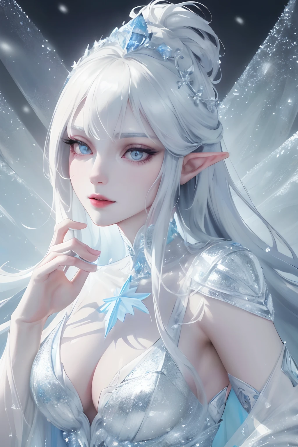 An elven girl with ice powers, wearing a beautiful icy blue dress, standing in a snowy frozen landscape. The girl has long silver hair, sparkling blue eyes, and pale, flawless skin. Her dress is made of shimmering ice crystals, with intricate frost patterns and delicate snowflake ornaments. She has a calm, regal expression on her face and wears a silver tiara on her head. The surrounding landscape is covered in glittering snow, with tall ice pillars and frost-covered trees. The sky is filled with swirling snowflakes and a soft, ethereal light illuminates the scene. The colors are cool and muted, with shades of icy blues, silvers, and whites dominating the palette. The light casts long, dramatic shadows, adding depth and dimension to the image. The overall image quality is of the highest standards, with sharp details, realistic textures, and a sense of depth. The artwork is created using a combination of digital painting and 3D rendering techniques, resulting in a stunningly detailed and lifelike image.