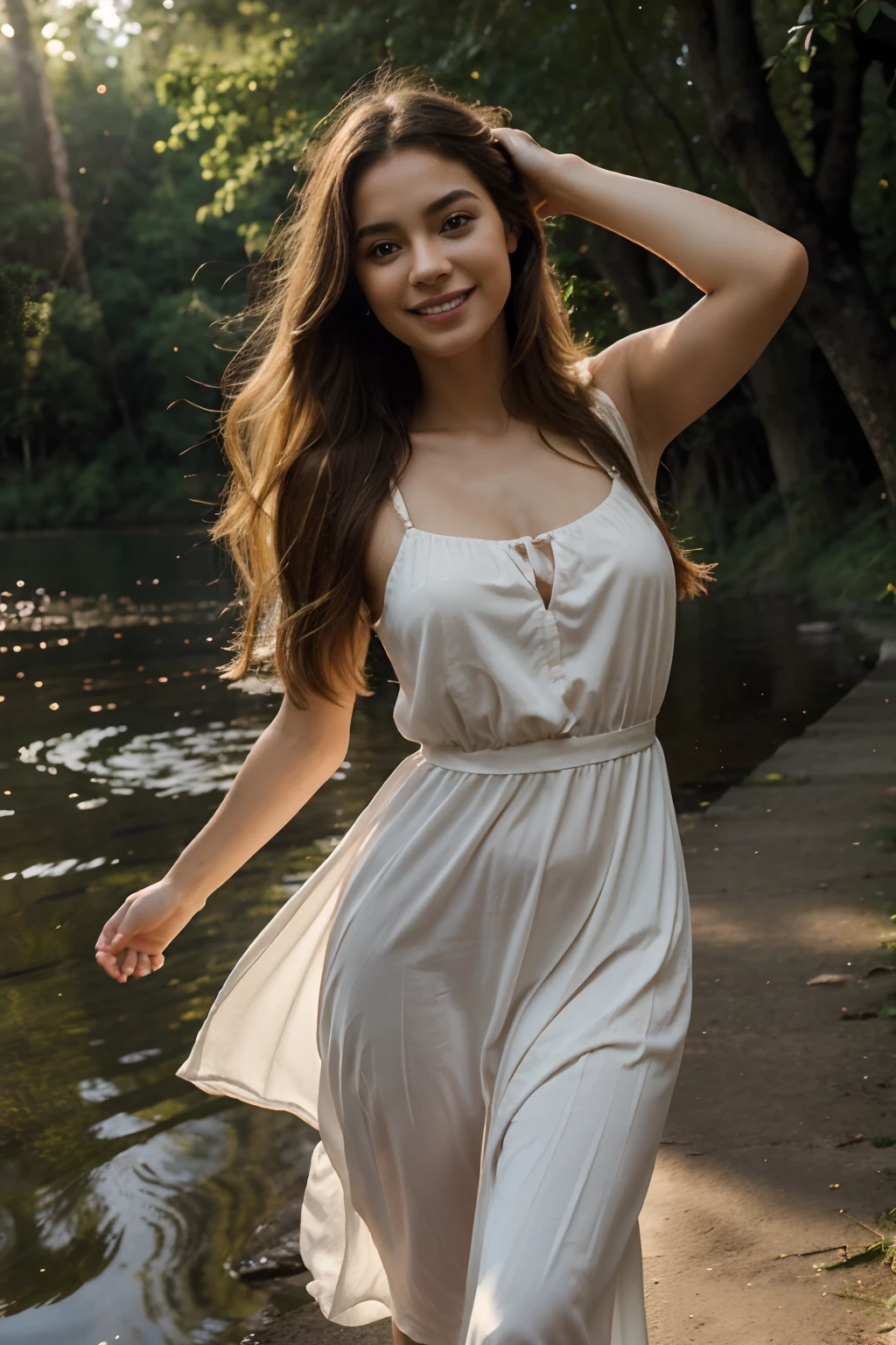 (highres:1.2),portrait,Latina woman, 30 years old,long blonde hair,hazel eyes,smiling,walking in a forest with a lake,during a beautiful sunset,soft lighting,serene atmosphere,nature,majestic trees,subtle breeze,lush greenery,tranquil water surface,evening sky with warm orange and pink hues,peaceful reflection on the lake,long flowing dress,graceful movement,joyful expression,delicate details on facial features,fine strands of hair gently swaying,gentle caress of sunlight on her skin,harmonious composition of nature and beauty