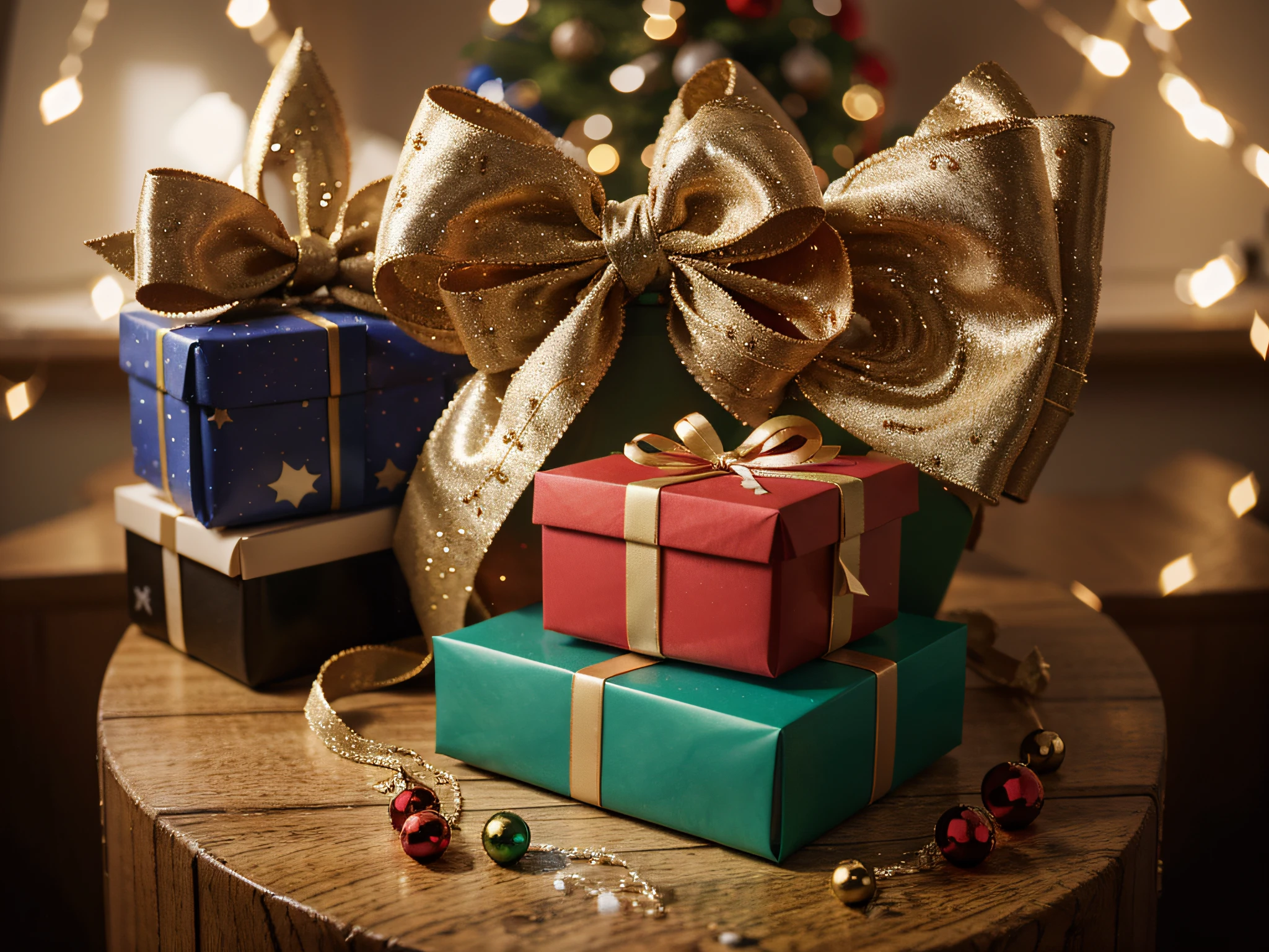 Gifts with bow and Christmas background in illustration mode, con espacio libre de copy space, no texto, uhd, 8k