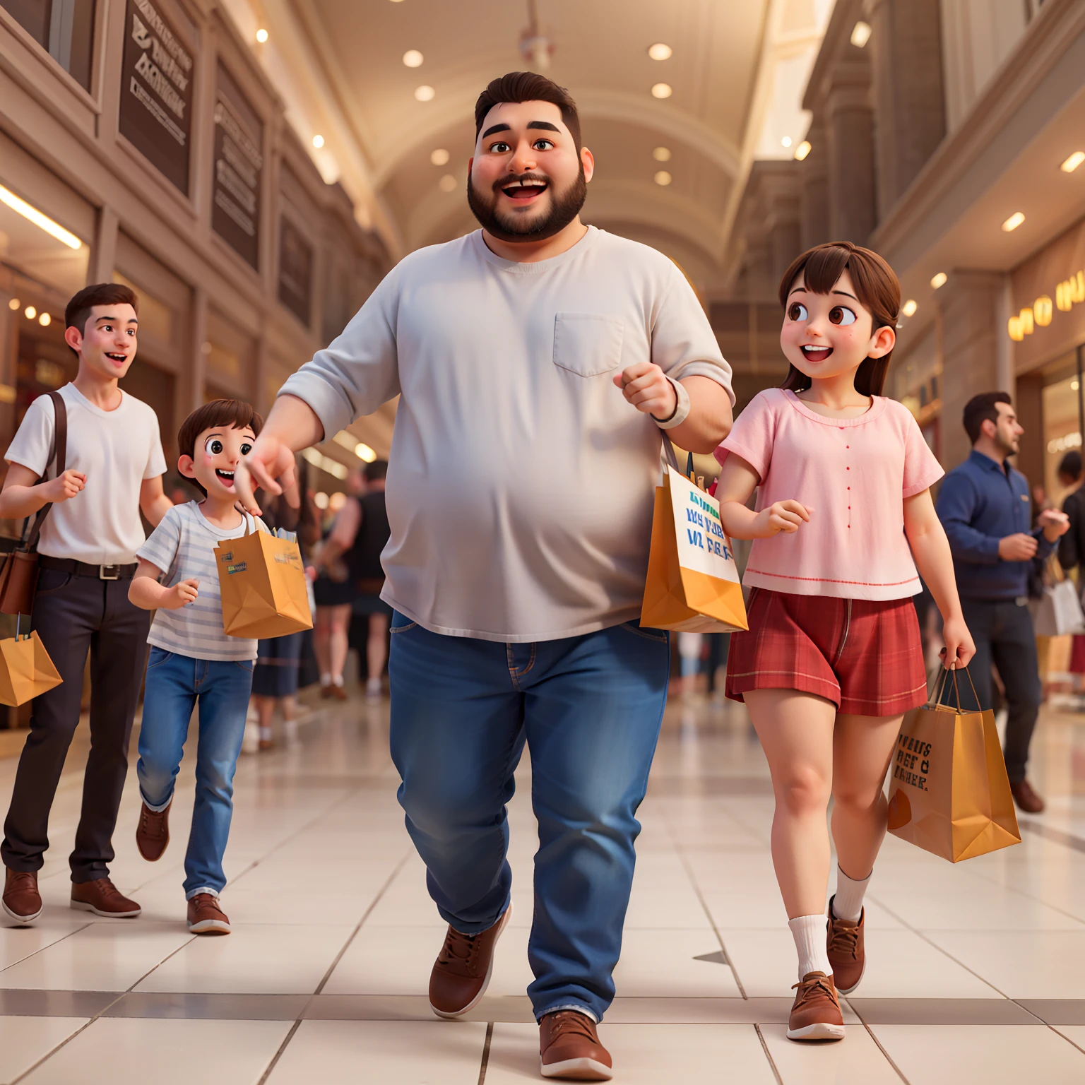 Masterpiece, high quality, best quality, men,
women, children shopping in the mall, fat brown people, brown hair and eyes smiling.