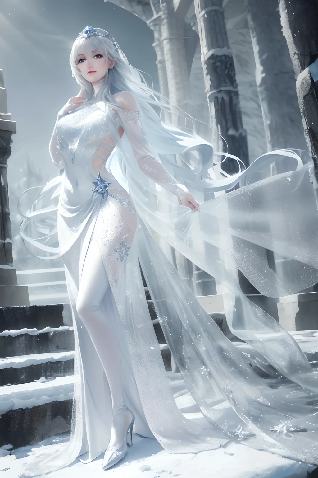 An elven girl with ice powers, wearing a beautiful icy blue dress, standing in a snowy frozen landscape. The girl has long silver hair, sparkling blue eyes, and pale, flawless skin. Her dress is made of shimmering ice crystals, with intricate frost patterns and delicate snowflake ornaments. She has a calm, regal expression on her face and wears a silver tiara on her head. The surrounding landscape is covered in glittering snow, with tall ice pillars and frost-covered trees. The sky is filled with swirling snowflakes and a soft, ethereal light illuminates the scene. The colors are cool and muted, with shades of icy blues, silvers, and whites dominating the palette. The light casts long, dramatic shadows, adding depth and dimension to the image. The overall image quality is of the highest standards, with sharp details, realistic textures, and a sense of depth. The artwork is created using a combination of digital painting and 3D rendering techniques, resulting in a stunningly detailed and lifelike image.