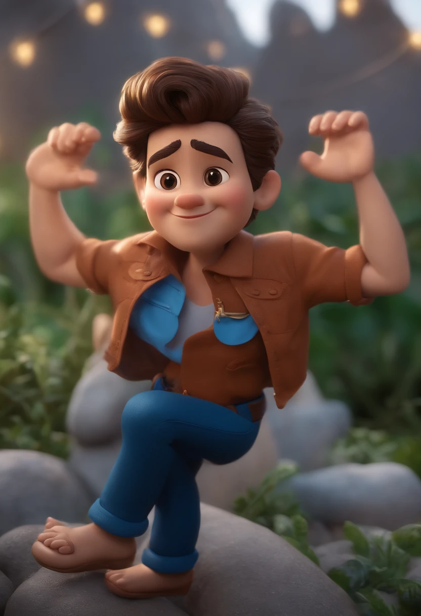 Garoto, estilo disney, tom de pele: claro: Cabelo: marrom escuro, liso, curto, penteado para o lado direito. camisa: social, Cor azul. Fundo: Gray and white gradient,Comemorando, Hands raised, sorrindo, feliz, (estilo pixar) (obra-prima:1.2) (bokeh) (melhor qualidade) (pele detalhada) (textura detalhada) (8k) (claymation) (cinematic lighthing) (foco nítido