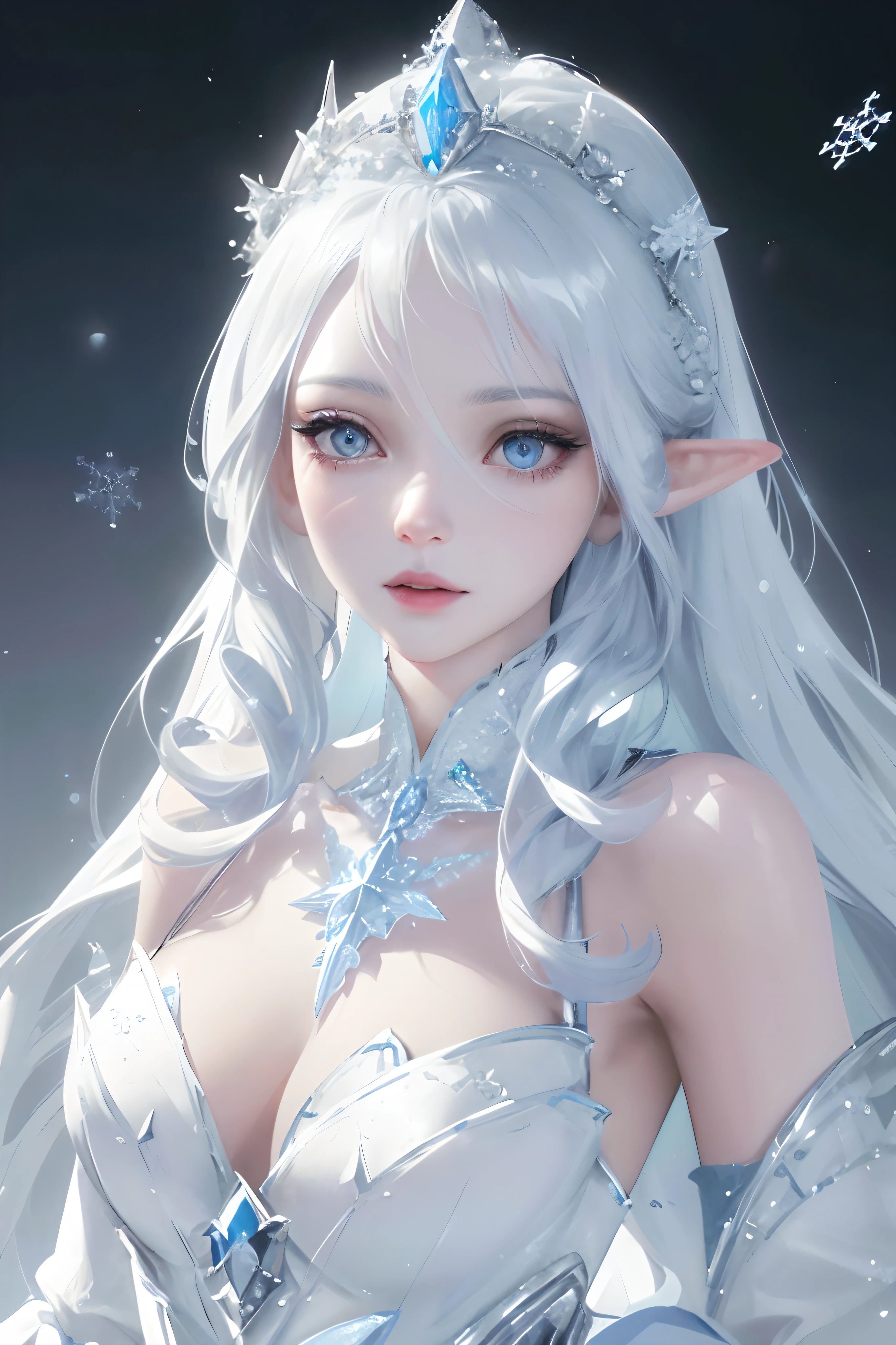 An elven girl with ice powers, wearing a beautiful icy blue dress, standing in a snowy frozen landscape. The girl has long silver hair, sparkling blue eyes, and pale, flawless skin. Her dress is made of shimmering ice crystals, with intricate frost patterns and delicate snowflake ornaments. She has a calm, regal expression on her face and wears a silver tiara on her head. The surrounding landscape is covered in glittering snow, with tall ice pillars and frost-covered trees. The sky is filled with swirling snowflakes and a soft, ethereal light illuminates the scene. The colors are cool and muted, with shades of icy blues, silvers, and whites dominating the palette. The light casts long, dramatic shadows, adding depth and dimension to the image. The overall image quality is of the highest standards, with sharp details, realistic textures, and a sense of depth. The artwork is created using a combination of digital painting and 3D rendering techniques, resulting in a stunningly detailed and lifelike image.