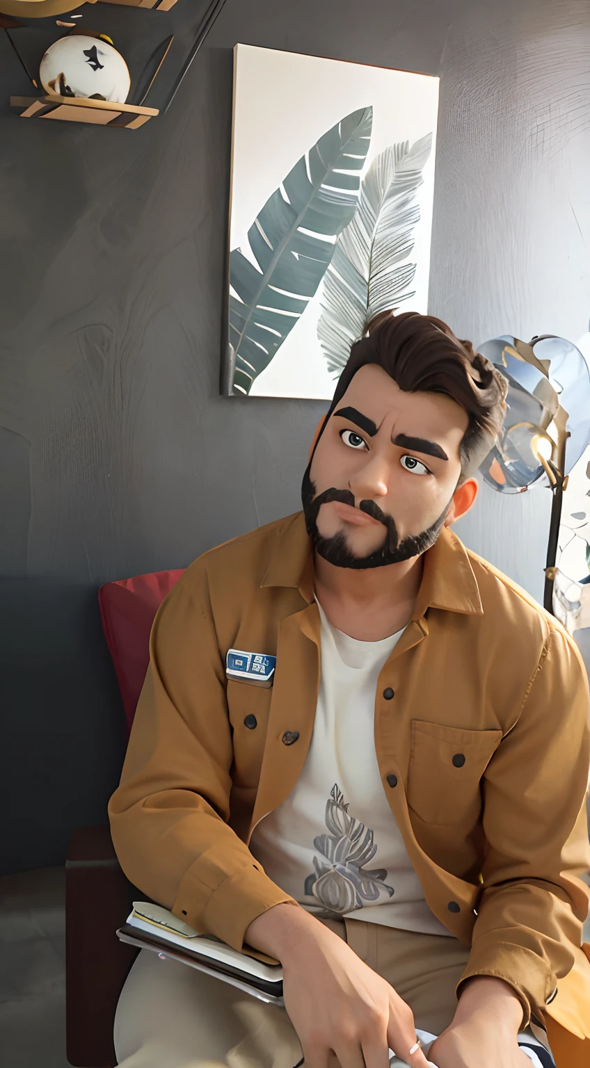  com barba, cabelo e olhos castanhos e de pele branca clara, With a button-down shirt layered over a white t-shirt and beige pants on her lap, An agenda behind the scenes, um desfile cinza grafite com quadro branco com folhas e ornamentos decorativos na parede, sentado em uma poltrona de luxo vermelha, fazendo no estilo Pixar Cartoon