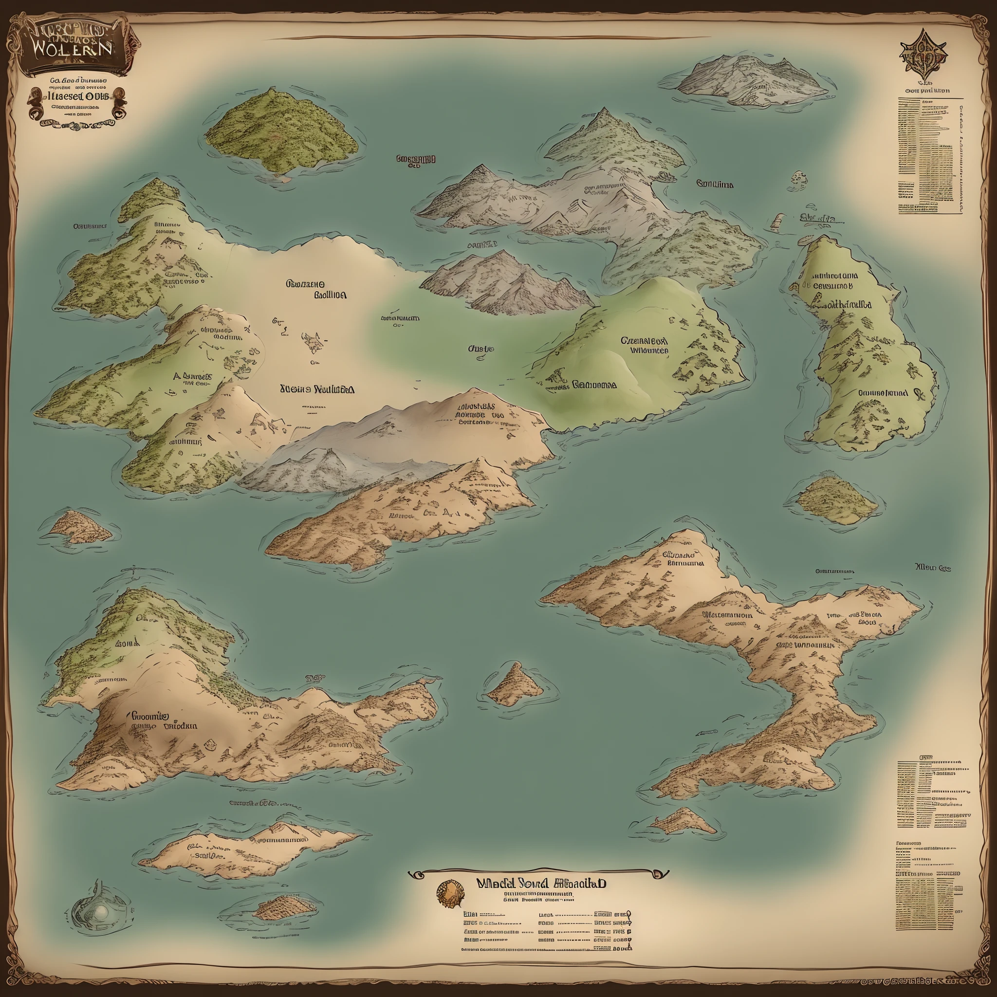 Mapa em folha, mundo, Middle-earth Tokkien World Style, varios continentes pequenos