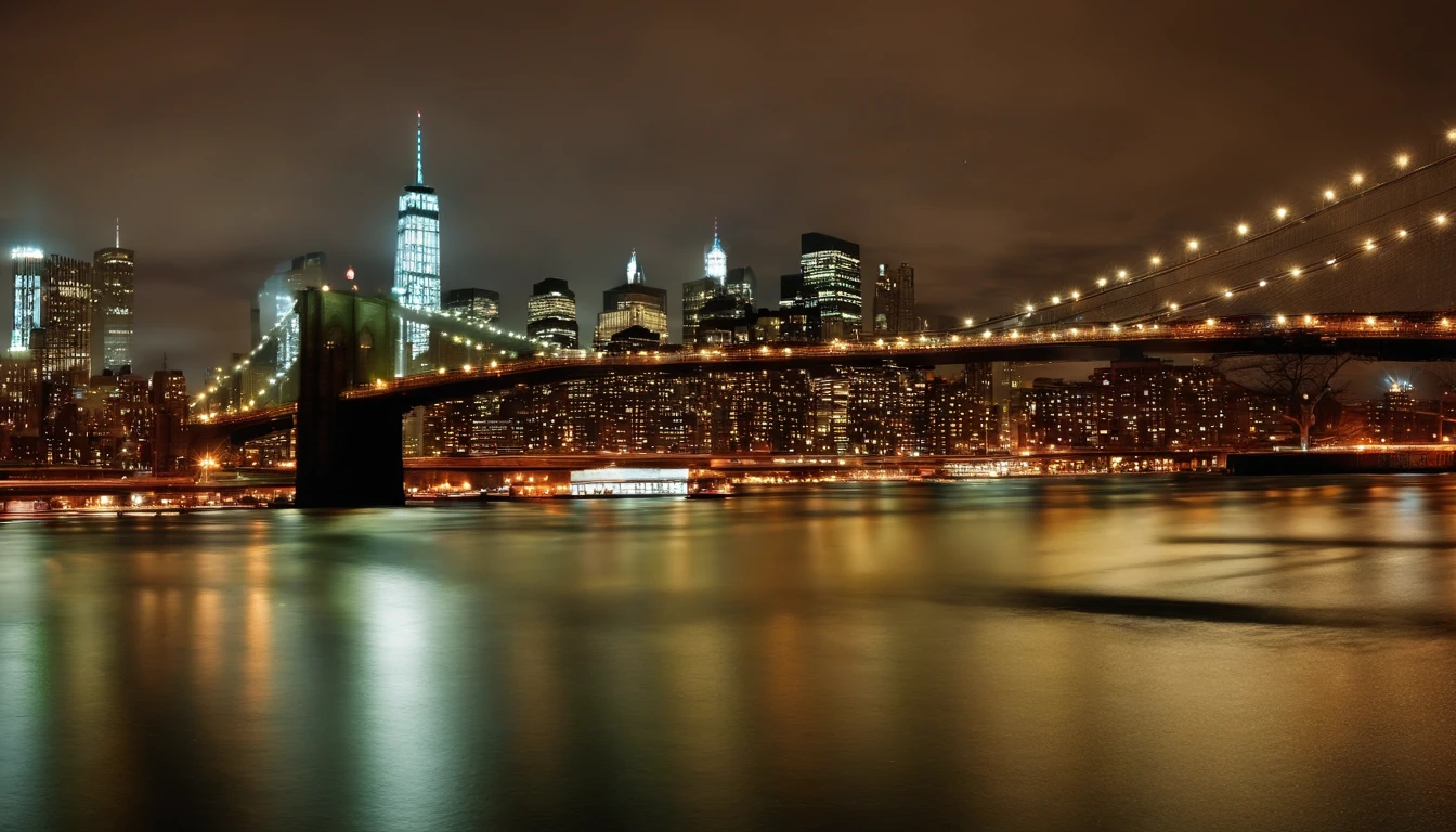 new york city skyline, night, brooklyn bridge, light snow, dramatic lighting, city lights reflecting on water in river,   ele tem cerca de 30 anos, ele tem cerca de 3 0 anos de idade, cerca de 3 5 anos,  2 7 anos, Foto de perfil, 2 9 anos, bonito e atraente, 2 8 anos