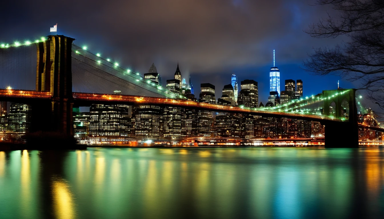 new york city skyline, night, brooklyn bridge, light snow, dramatic lighting, city lights reflecting on water in river,   ele tem cerca de 30 anos, ele tem cerca de 3 0 anos de idade, cerca de 3 5 anos,  2 7 anos, Foto de perfil, 2 9 anos, bonito e atraente, 2 8 anos