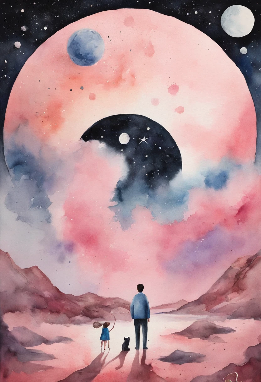Japanese on the moon looking at exploding earth and holding a pink cat has a woman next to him with her eyes closed, the moon is covered in ice cream