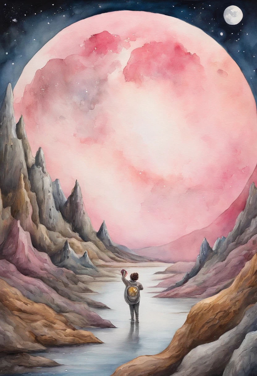 Japanese on the moon looking at exploding earth and holding a pink cat has a woman next to him with her eyes closed, the moon is covered in ice cream