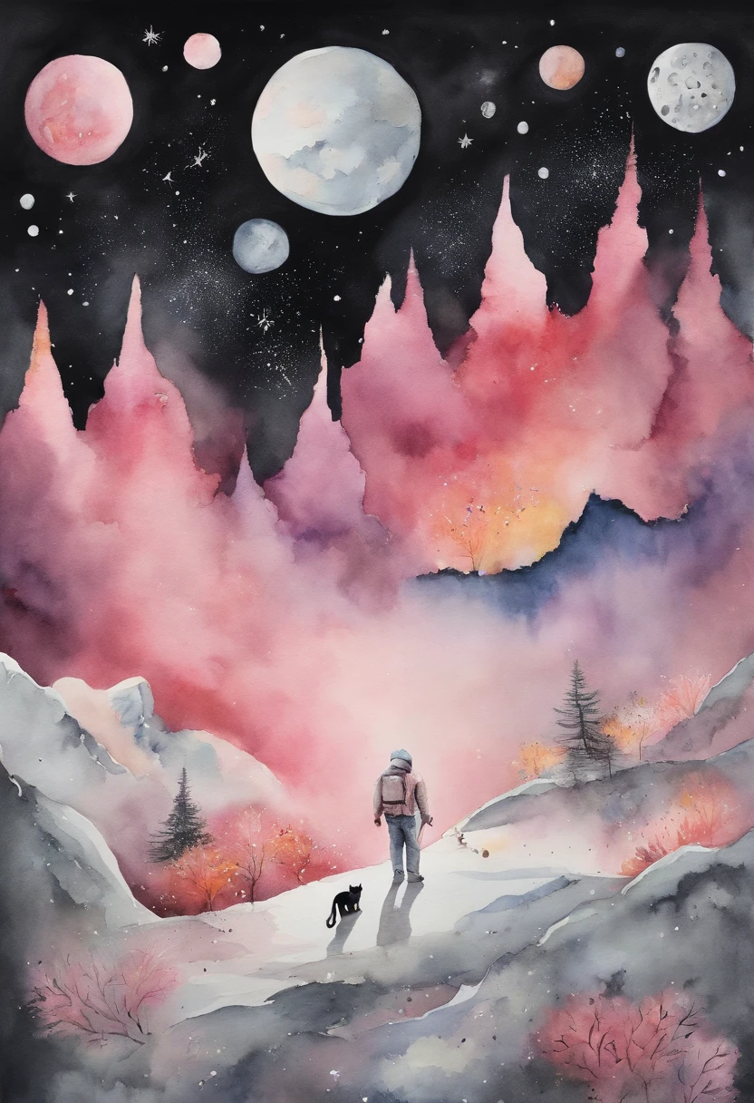 Japanese on the moon looking at exploding earth and holding a pink cat has a woman next to him with her eyes closed, the moon is covered in ice cream