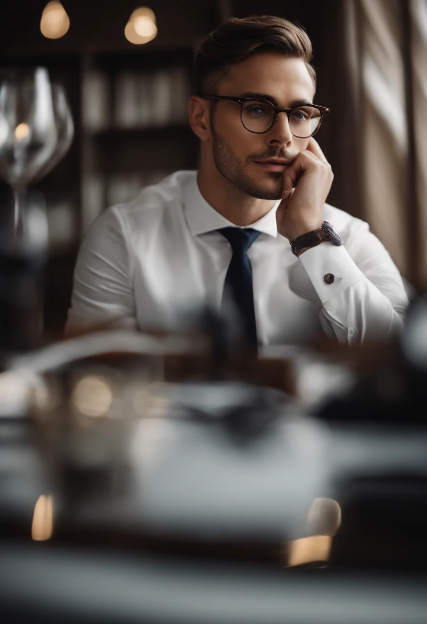 Um homem de 30 anos, com cabelos castanhos curtos,face de diamante, olhar rigoroso, e olhos castanhos, Wearing white white shirt with tie and glasses.