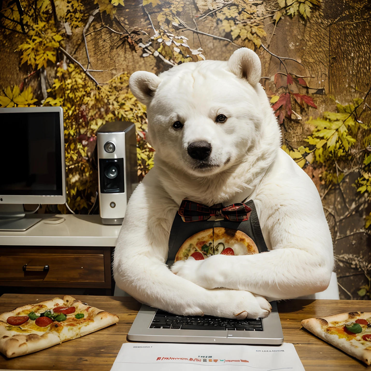 White bear sitting on a table computer laptop, autumn wallpaper on a monitor, mashroom pizza on a table, kodak porta, cinematic photo