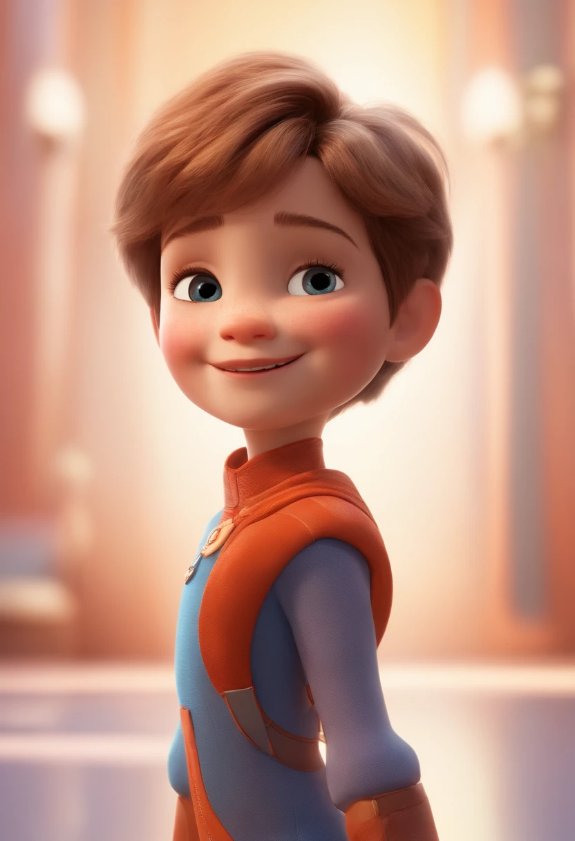 a happy cute standing short hair, vestindo uma fantasia espacial, , fundo branco, barnet, Tom, Estilo Pixar, ....3d, desenhos animados, rosto detalhado, asymmetrical 16k