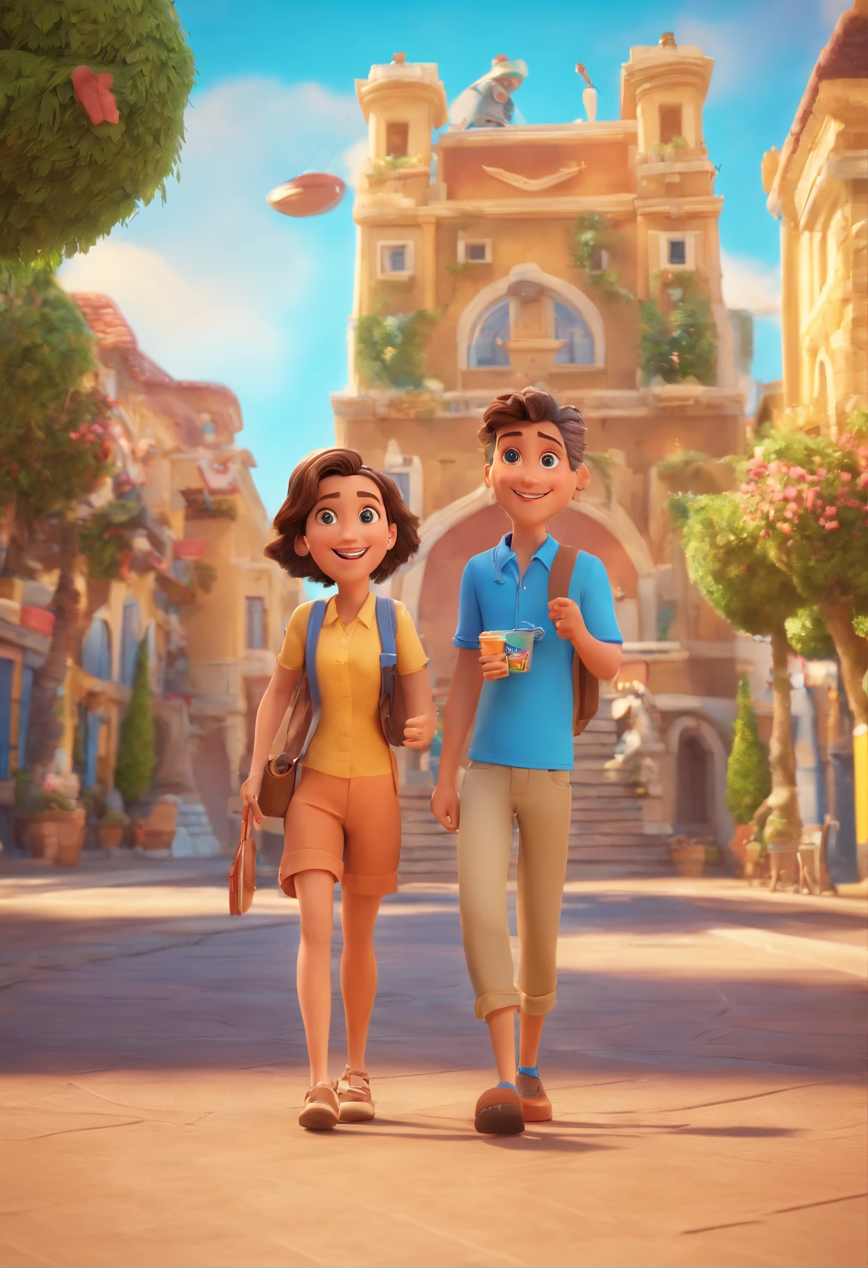 Cartoon of friends having fun on vacation together, 3D Animation Movie Poster, Poster de filme animado, pixar 3 d animation style, pixar renderman rendering, maia 8 mil, animated film, Disney Pixar Estilo 3D, amigos felizes saem juntos, all wearing light blue shirts and cream brown long pants, camisa azul clara, cream brown pants, ao ar livre, vacation, Disney Pixar Animation Poster