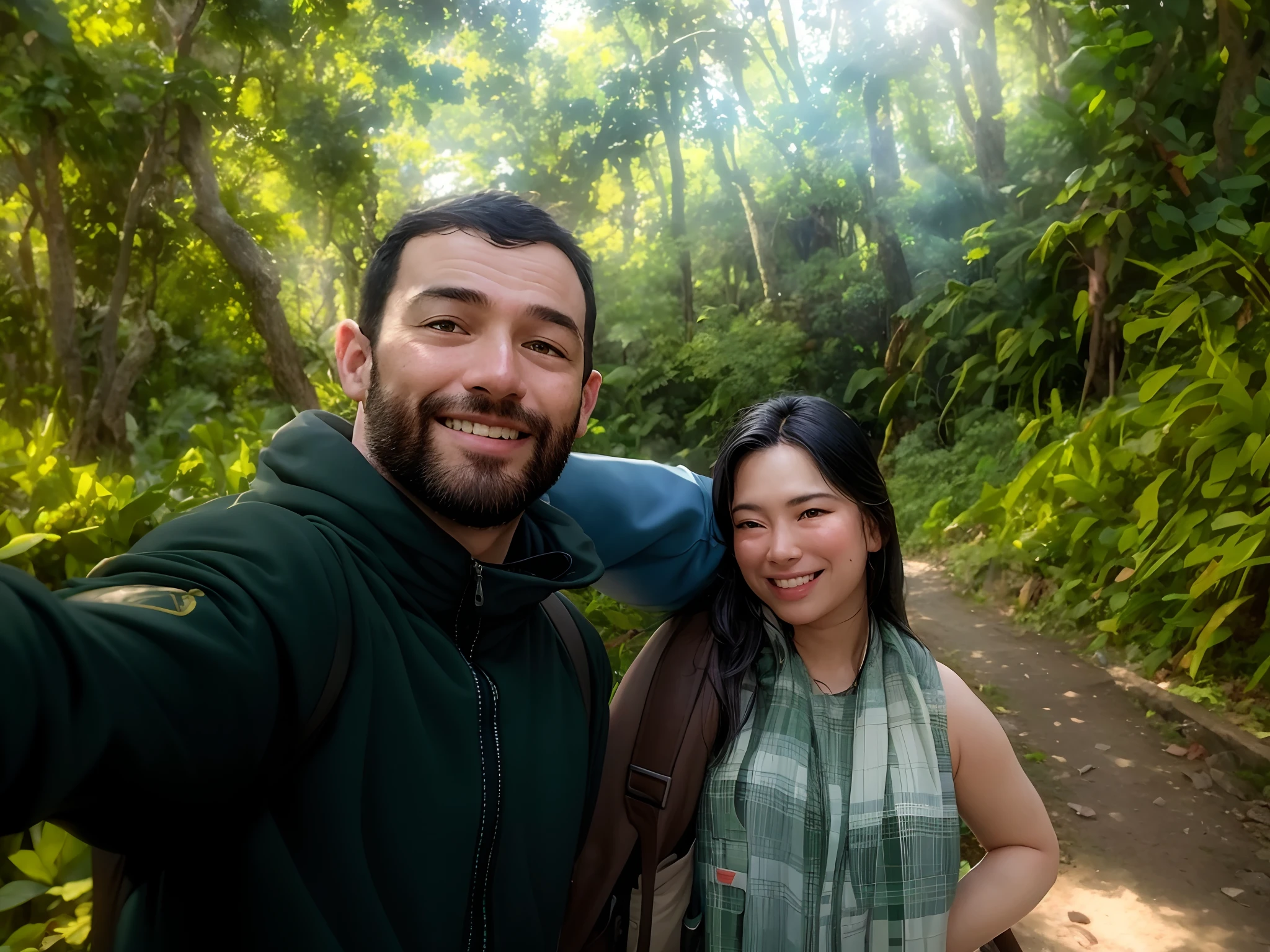 There's a man and a woman taking a selfie in the woods, in front of an amazing forest, Directed by: Nandor Soldier, desfrutando de um passeio na floresta, In Sao Paulo, em frente a um fundo de floresta, na floresta da selva !!!, Caminhando em uma floresta, Passeando na floresta, na selva, Directed by: David Ruby, na selva