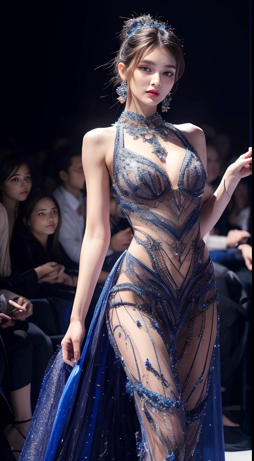 Ultra-detailed, A high resolution, Masterpiece:1.2, professional, Vibrant colors, Stunning lighting, Fashion show, Charismatic model, posing elegantly, detailed outfits, Catwalk, Stylish atmosphere, mesmerizing looks, A confident expression, Dynamic movements, Atmospheric lighting, GLOSSY TEXTURE, Luxurious design, Intricate patterns, haute couture fashion, edgy style, A well-crafted ensemble, Exquisite details.