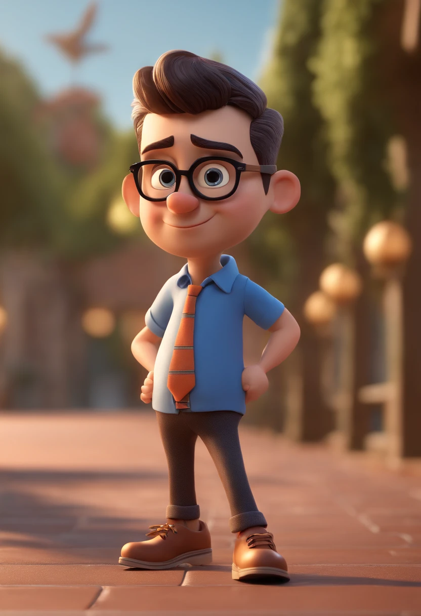 Pixar Disney cartoon character of a man with black glasses and a blue shirt, animation character, Caractere estilizado, animation style rendering, 3D estilizado, Arnold Maya render, 3 d render stylized, toon render keyshot, Personagem 3D, Personagem 3D, 3d rendering stylized, 3 d character render, personagem de desenho animado, Personagem de close up, Pose de personagem, (Estilo Pixar) (master part:1.2) (Bokeh) (best quality) (pele detalhada) (textura detalhada) (8k) (argila) (Cinematic lighting) (foco nítido