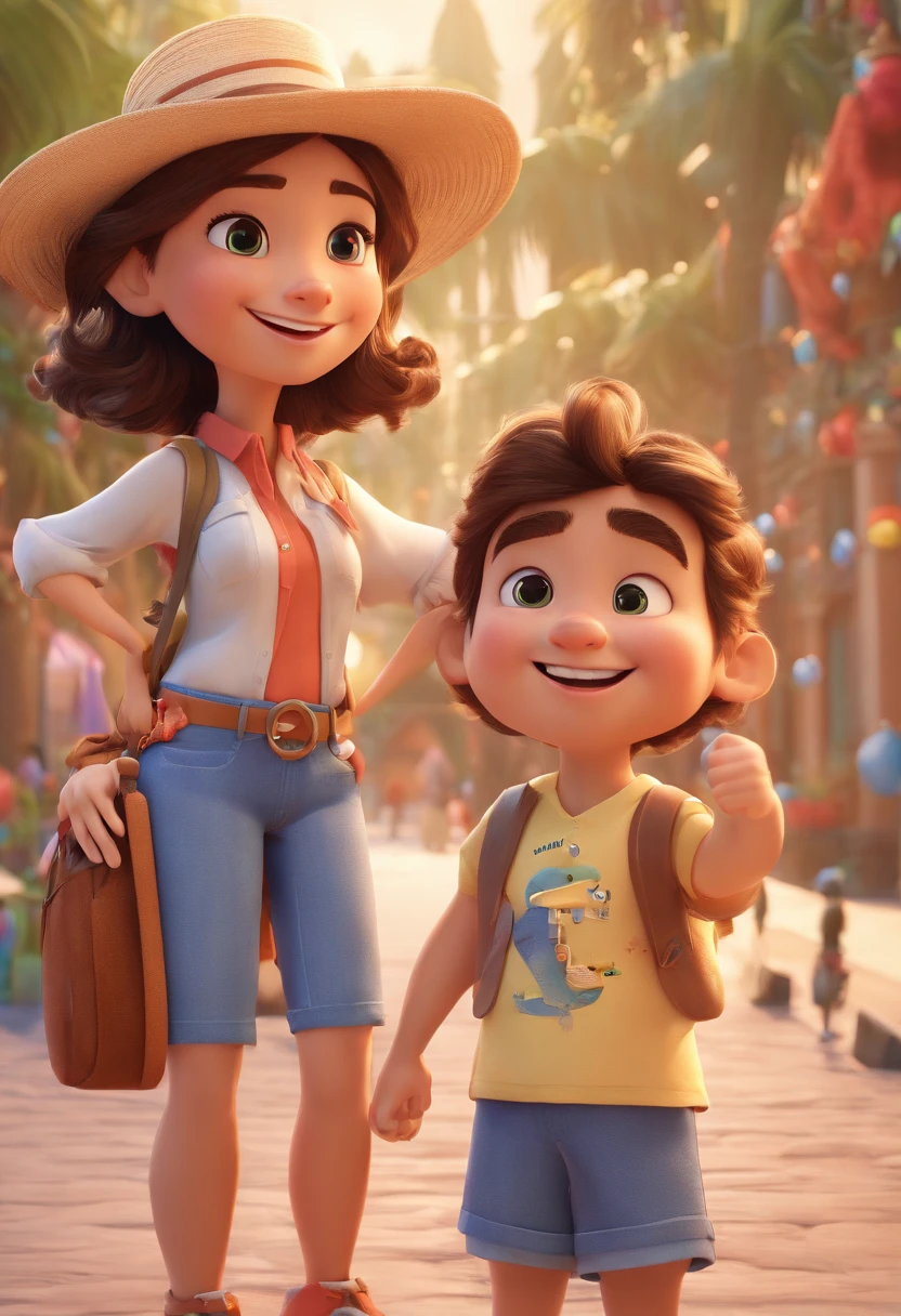 Cartoon of friends having fun on vacation together, 3D Animation Movie Poster, Poster de filme animado, pixar 3 d animation style, pixar renderman rendering, maia 8 mil, animated film, Disney Pixar Estilo 3D, amigos felizes saem juntos, all wearing light blue shirts and cream brown long pants, camisa azul clara, cream brown pants, ao ar livre, vacation, Disney Pixar Animation Poster