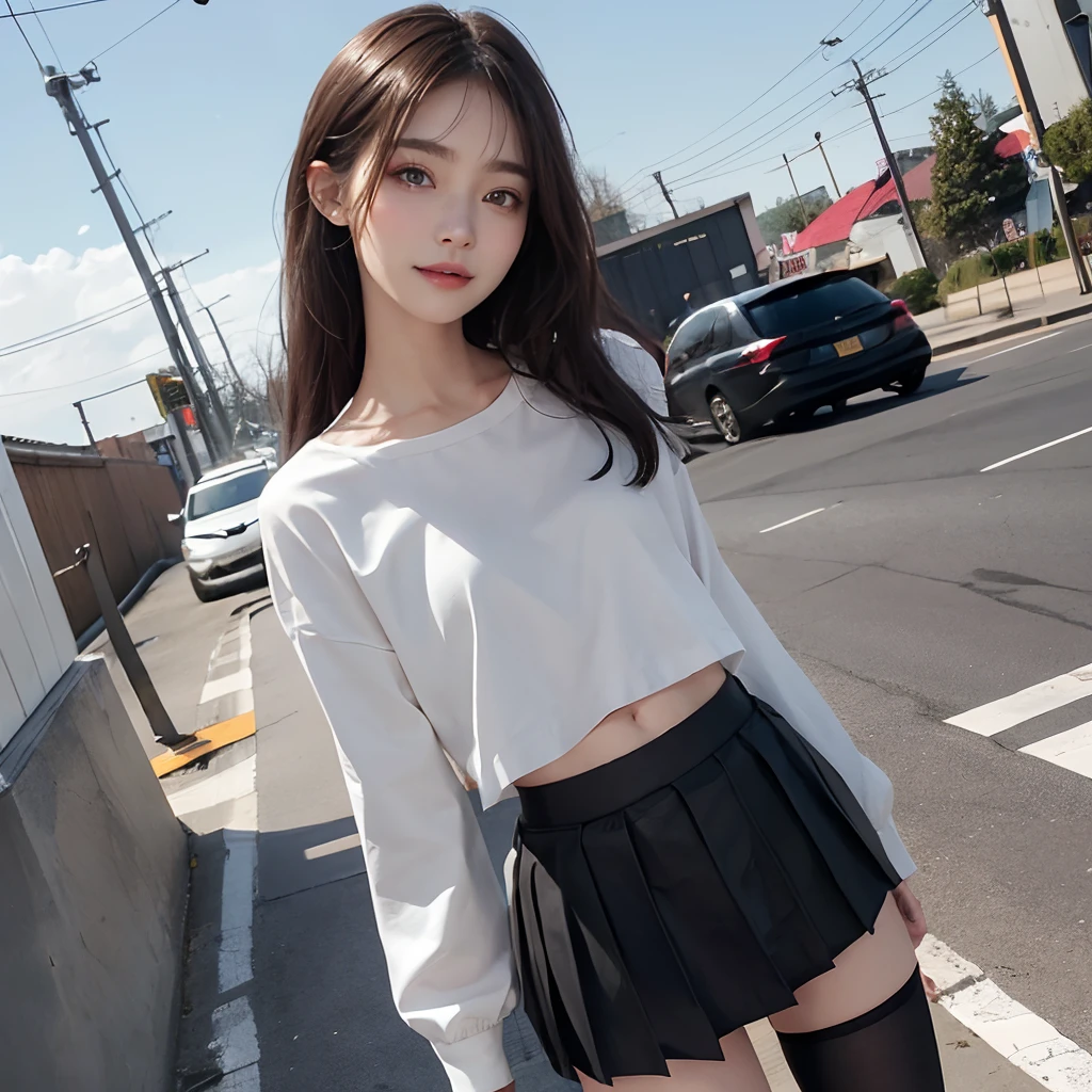 (((a miniskirt、Lifted skirt、Not wearing pants)))、girl with, a beauty girl,((Matte skin))、The wind is blowing、Well-formed face、14years、8Head and body、a small face、A slender、Very skinny、skinny,Model body type、Beautiful black hair with luster、Backgrounds that look like real photos、Embarrassed face、Girls who do their best to be fashionable、miscievous smile、slovenly、みだら