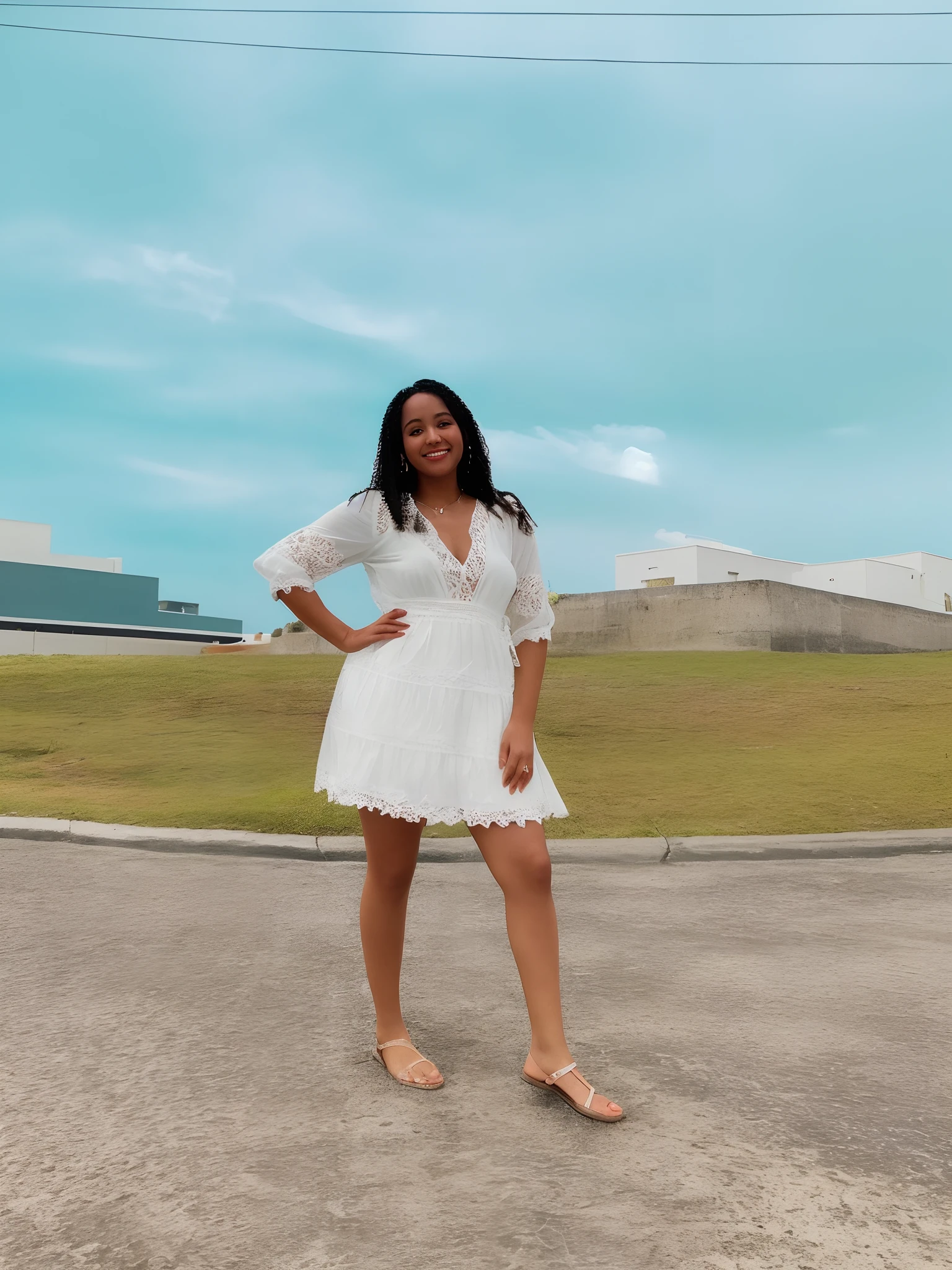 There's a woman in the middle of a road, Nico usando um vestido branco, usando um vestido branco bonito, usando um vestido branco, magra no vestido boho branco, usando um vestido folkdrakt branco, usando vestido branco, usando junto vestido branco, usando um vestido de sol branco, vestido branco de corpo inteiro, usando saltos e vestido branco, wearing a white flowing dress