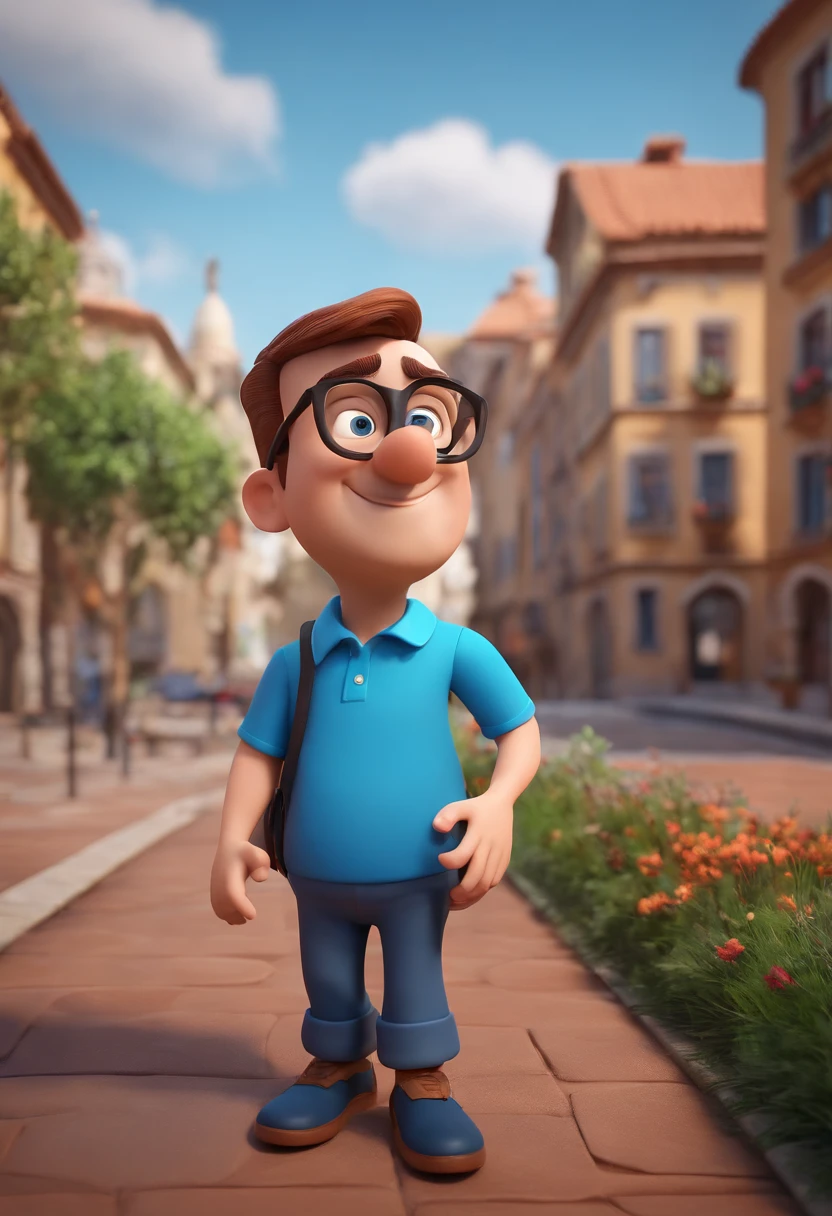 Cartoon character of a man wearing black glasses and a blue shirt, um personagem animado, Caractere estilizado, animation style rendering, 3D estilizado, Arnold Maya render, 3 d render stylized, toon render keyshot, Personagem 3D, Personagem 3D, 3d rendering stylized, 3 d character render, personagem de desenho animado, Personagem de close up, Pose de personagem, (Estilo Pixar) (master part:1.2) (Bokeh) (best quality) (pele detalhada) (textura detalhada) (8k) (argila) (Cinematic lighting) (foco nítido，Senta e vaza a parte superior do corpo