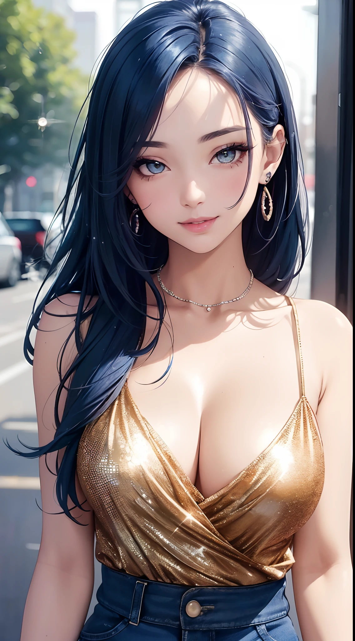 Wearing casual clothes(Upper body photo), beatiful face, Highly Detailed Facial and Skin Texture, (A detailed eye), The eyes are green, double eyelids, thin eyebrows, Glitter eyeliner: 1.2, natural Cheeks, sparkly skin, light skin, (((Wearing casual clothes))), Sequin necklace and earrings, (shiny lips: 1. 4), (Seduction Smile), (20years old), (straight hair, without bangs), ((Blue hair)),hair up to the shoulders, ((upper body face shot)), ((Focus on your chest and face)), medium large breasts, upturned breasts.