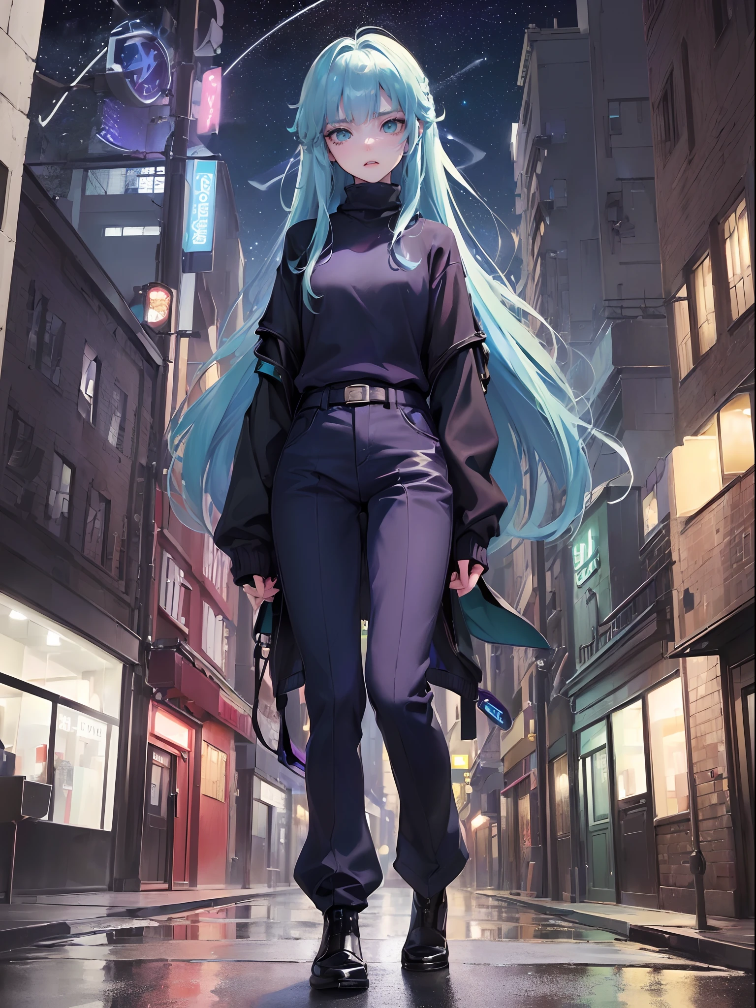 (4K artwork))、tmasterpiece、(topquality)、((Walking around the city late at night))、((You can see the starry sky))、During the walk、korean female、Adult woman、big sister、((Adult female 26 years old))、((s face, similar to Hyun Jin))、Cool Lady、ah high、((Wild Look))、((Strong Eyes))、((Angry expressions))、((Purple Style Long Sleeve Long Pants))、((Adult Sweater Fashion))、((small face))、shapely body、((Bad Girl))、(((Blue long hair))、((Green eyes))、((Diagonal Front Shot))、((Shot Alone))、((Solo photography))、((She's standing in front of the building))、((Photo of the model))