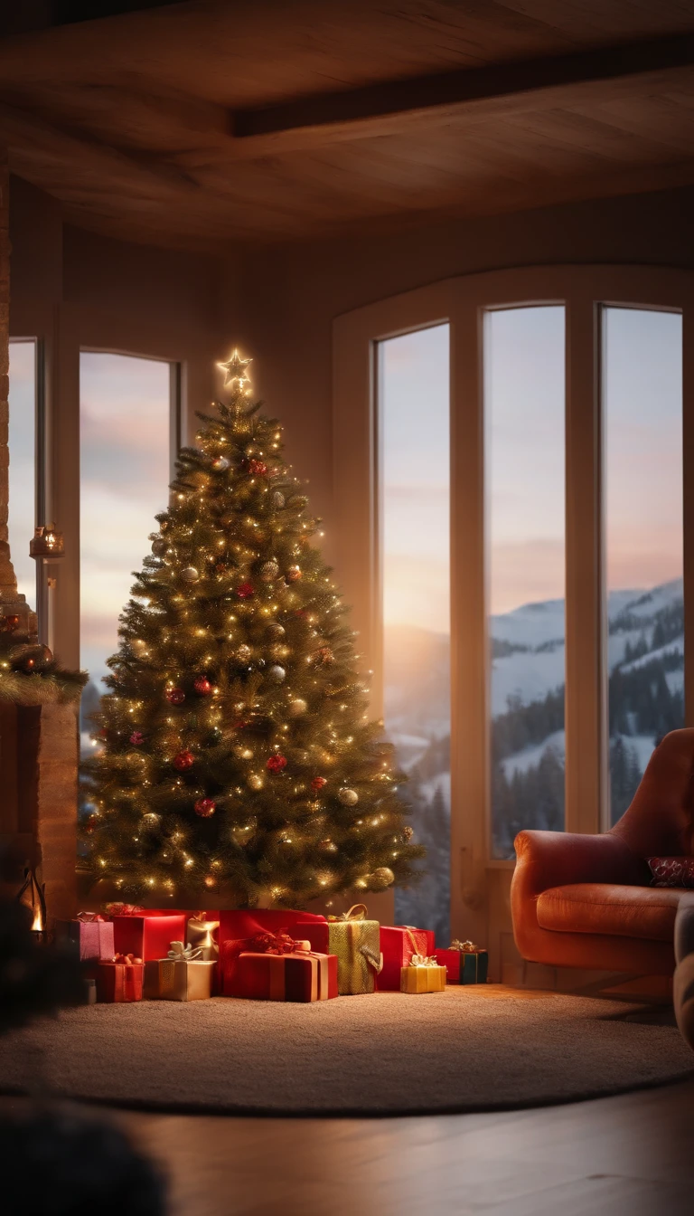 Uma foto de paisagem ampla (vista de baixo, A room with a fireplace and Christmas tree, com presentes ), um papai Noel, and several children, Detalhes Intrincados, volumetric lighting BREAK (Obra-prima: 1.2), (Melhor Qualidade), 4k, Ultra Detalhado, (dynamic compositing: 1.4), Rico em Detalhes e Cor, (rainbow color: 1.2), (Brilho, Atmospheric Illumination), Sonhador, magica, (Solo: 1.2)